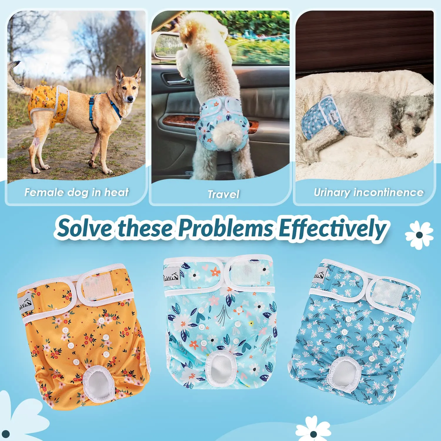 SlowTon Pannolini Riutilizzabili Del Cane Femmina, 3 Pack No Leak Lavabili Dog Period Pantaloni Super assorbenti Pannolini Sanitari Del Cane con Pulsanti Regolabili - immagine 7