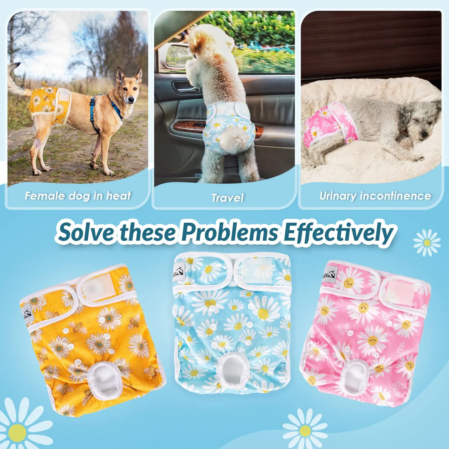 SlowTon Pannolini Riutilizzabili Del Cane Femmina, 3 Pack No Leak Lavabili Dog Period Pantaloni Super assorbenti Pantaloni di Calore Del Cane Comodi Pannolini Sanitari Del Cane con Pulsanti Regolabili - immagine 7