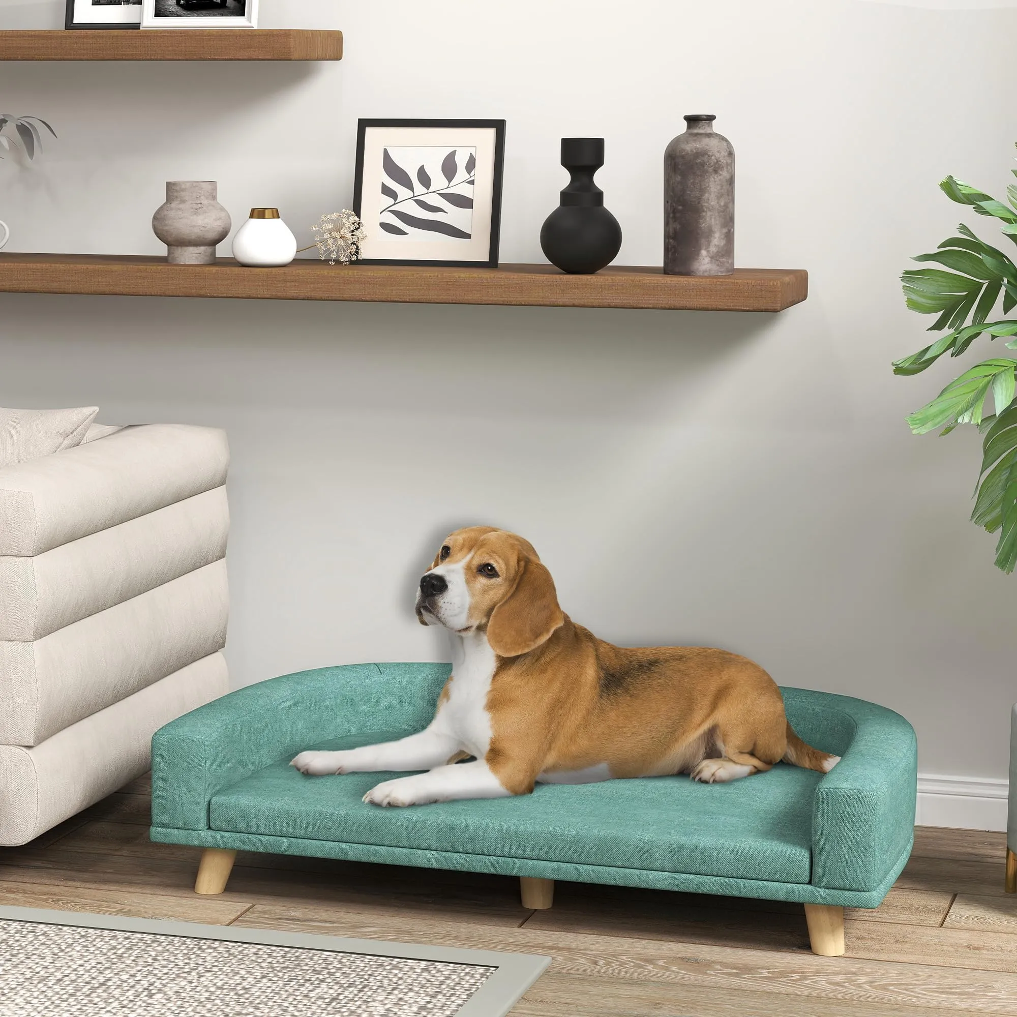 PawHut Divano per Cani Taglia Grande Gambe Rialzate 98x67x25cm Verde Chiaro - immagine 2