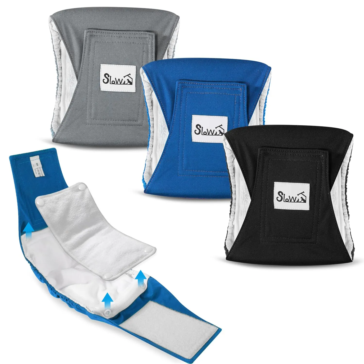 SlowTon Male Dog Diapers Wraps, Pannolini lavabili fasce per la pancia con cuscinetti aggiuntivi, Pannolini altamente assorbenti con chiusura flessibile, confezione da 5 - immagine 1