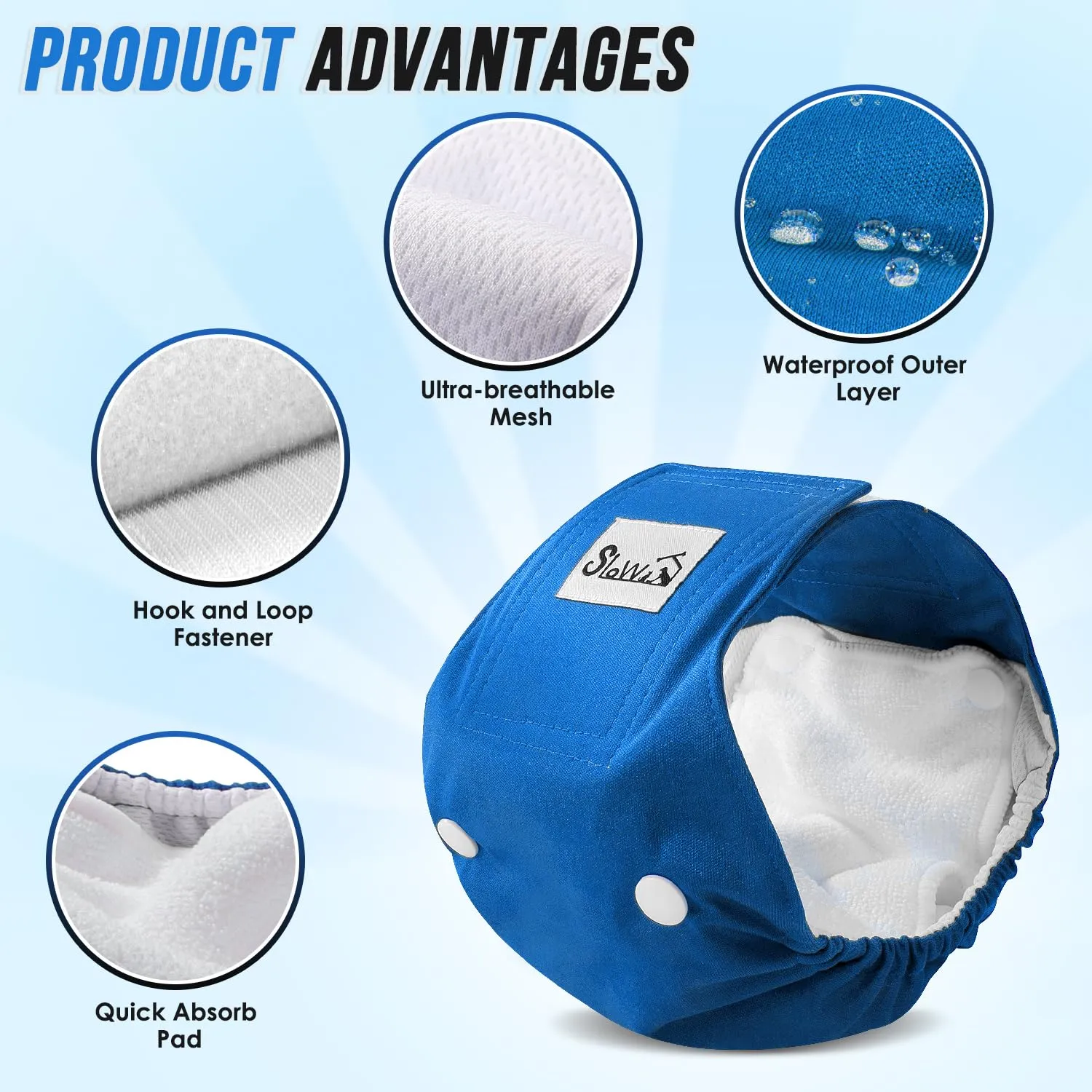 SlowTon Male Dog Diapers Wraps, Pannolini lavabili fasce per la pancia con cuscinetti aggiuntivi, Pannolini altamente assorbenti con chiusura flessibile, confezione da 5 - immagine 4