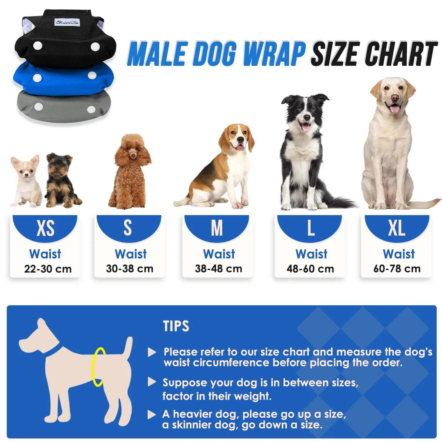 SlowTon Male Dog Diapers Wraps, Pannolini lavabili fasce per la pancia con cuscinetti aggiuntivi, Pannolini altamente assorbenti con chiusura flessibile, confezione da 5 - immagine 7
