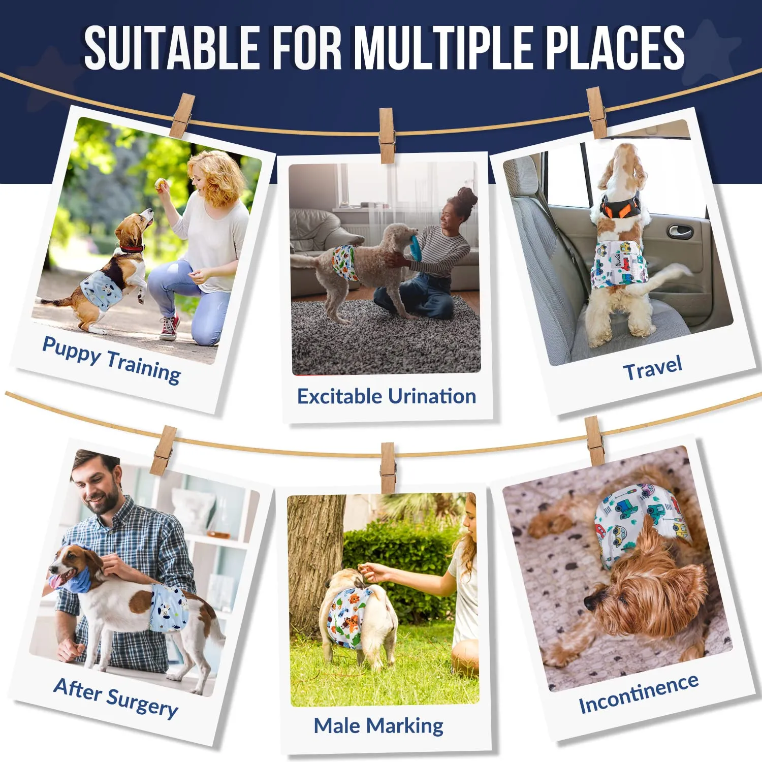 SlowTon Male Dog Diapers Wraps, Pannolini lavabili fasce per la pancia con cuscinetti aggiuntivi, Pannolini altamente assorbenti con chiusura flessibile, confezione da 5 - immagine 6
