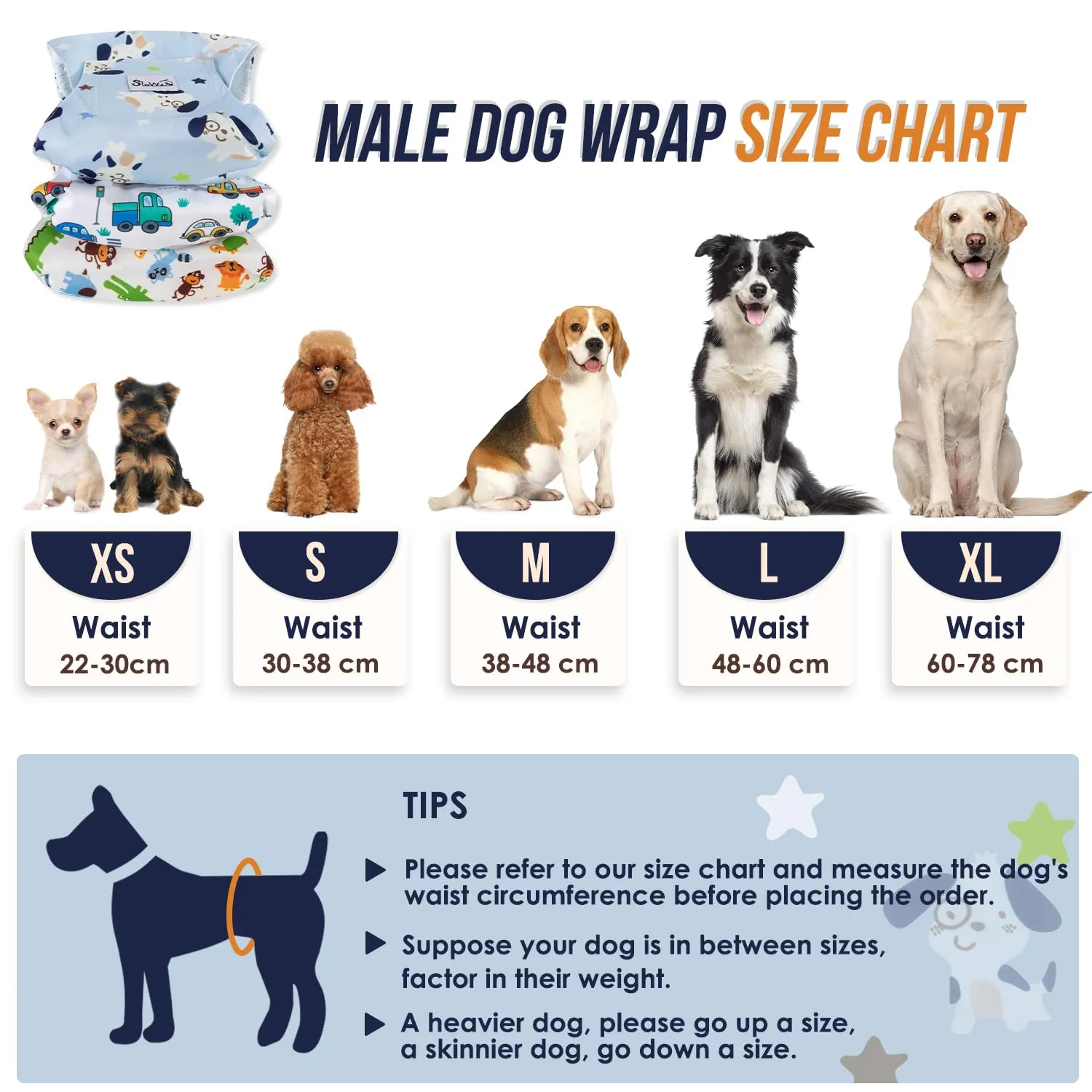 SlowTon Male Dog Diapers Wraps, Pannolini lavabili fasce per la pancia con cuscinetti aggiuntivi, Pannolini altamente assorbenti con chiusura flessibile, confezione da 5 - immagine 7