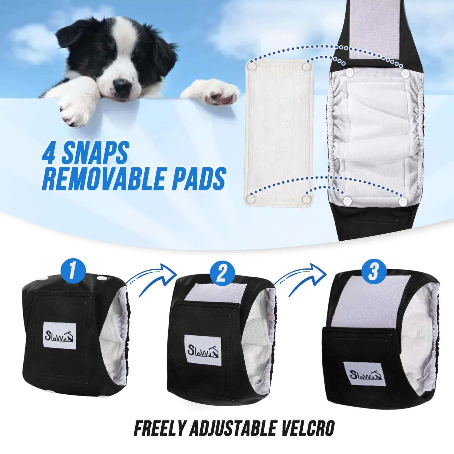 SlowTon Male Dog Diapers Wraps, Pannolini lavabili fasce per la pancia con cuscinetti aggiuntivi, Pannolini altamente assorbenti con chiusura flessibile, confezione da 5 - immagine 5