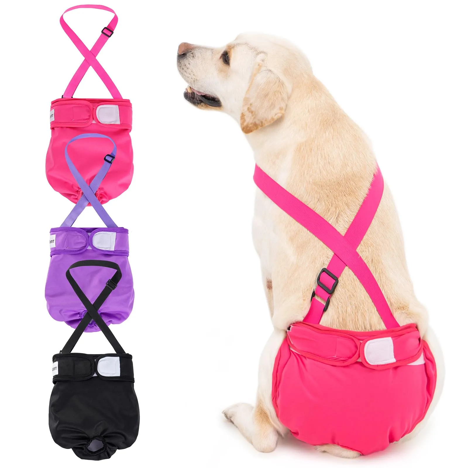 Avont 3 Pezzi Pannolini Cane Femmina Regolabili con Cinghie, Mutandine Cane Femmina Calore Altamente Riutilizzabili -XL Nero/Rosa/Viola - immagine 1