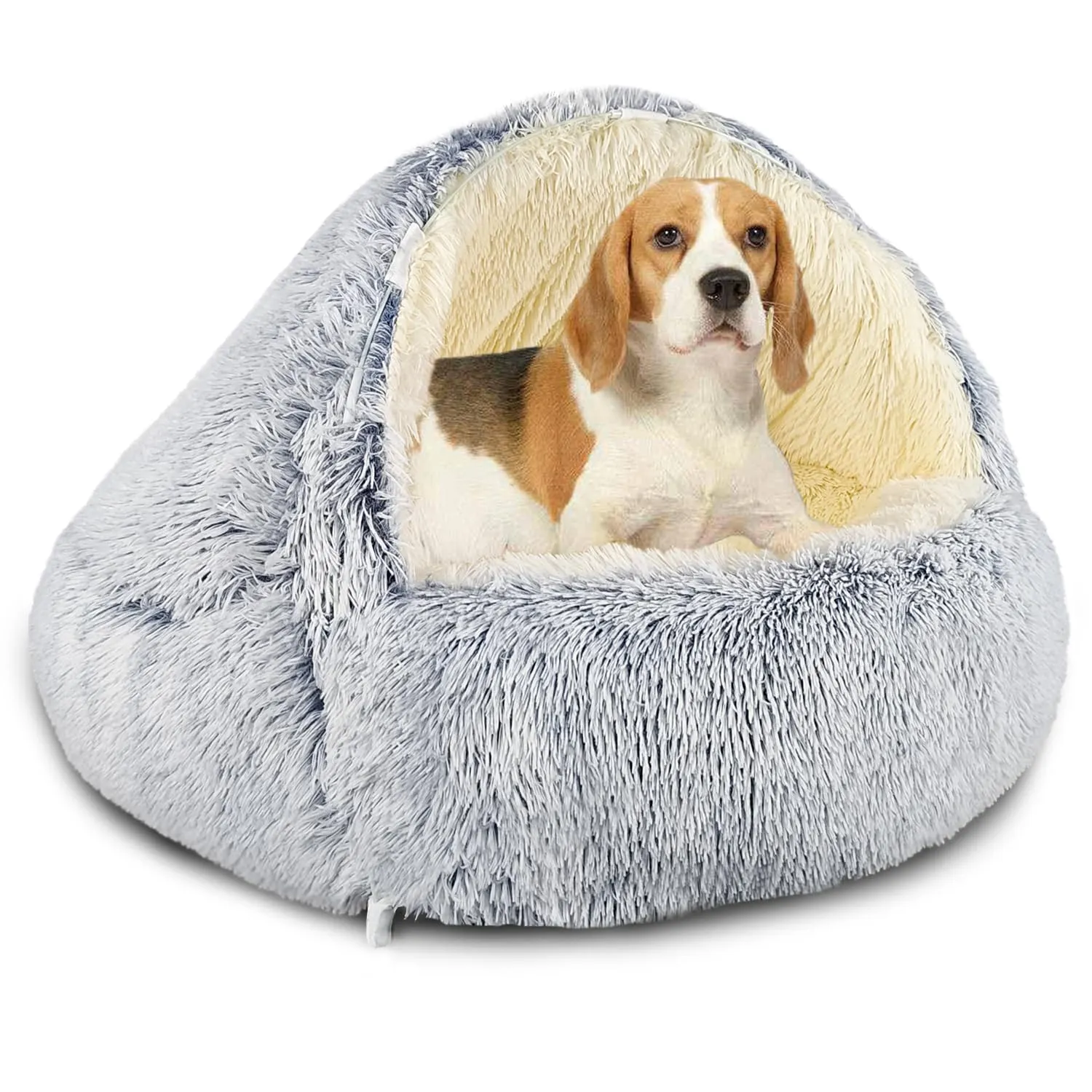 SUOXU Cuccia per cani con cappuccio e supporti, lussuosa cuccia per cani di medie e piccole dimensioni, gatti meno di 10 kg, calda e accogliente, con ciambella in finta pelle morbida - immagine 1