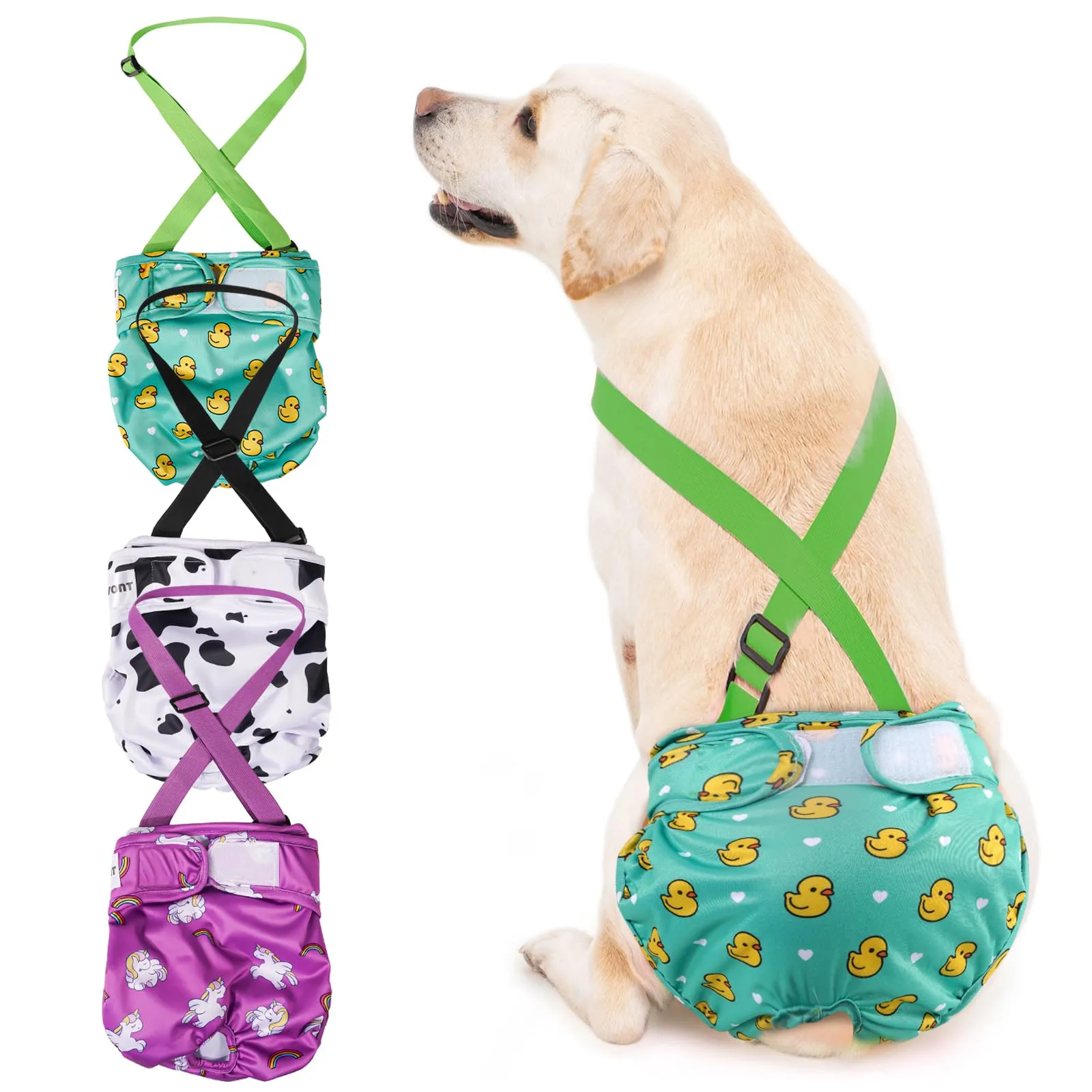 Avont 3 Pezzi Pannolini Cane Femmina Regolabili con Cinghie, Mutandine Cane Femmina Calore Altamente Riutilizzabili -L Verde/Bianco/Viola - immagine 1
