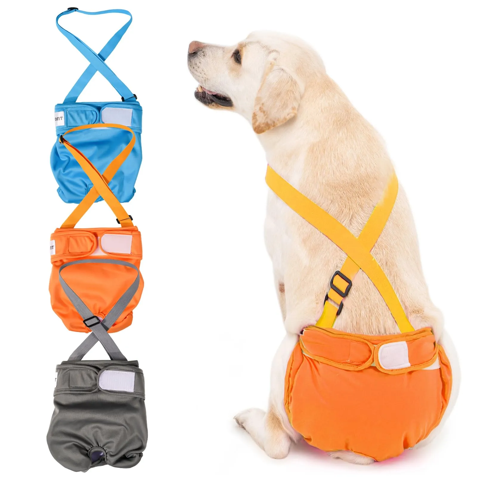 Avont 3 Pezzi Pannolini Cane Femmina Regolabili con Cinghie, Mutandine Cane Femmina Calore Altamente Riutilizzabili -S Blu/Arancione/Grigio - immagine 1