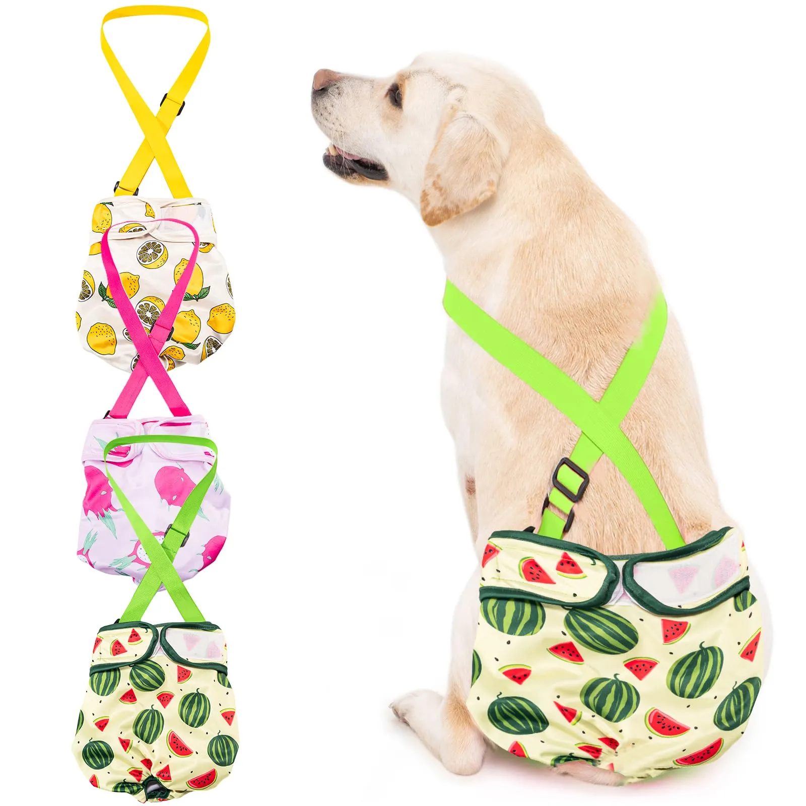 Avont 3 Pezzi Pannolini Cane Femmina con Cinghie non Cadessero, Mutandine Cane Femmina Calore Altamente e Incontinenza Riutilizzabili -M Frutta Verde/Giallo/Rosa - immagine 1