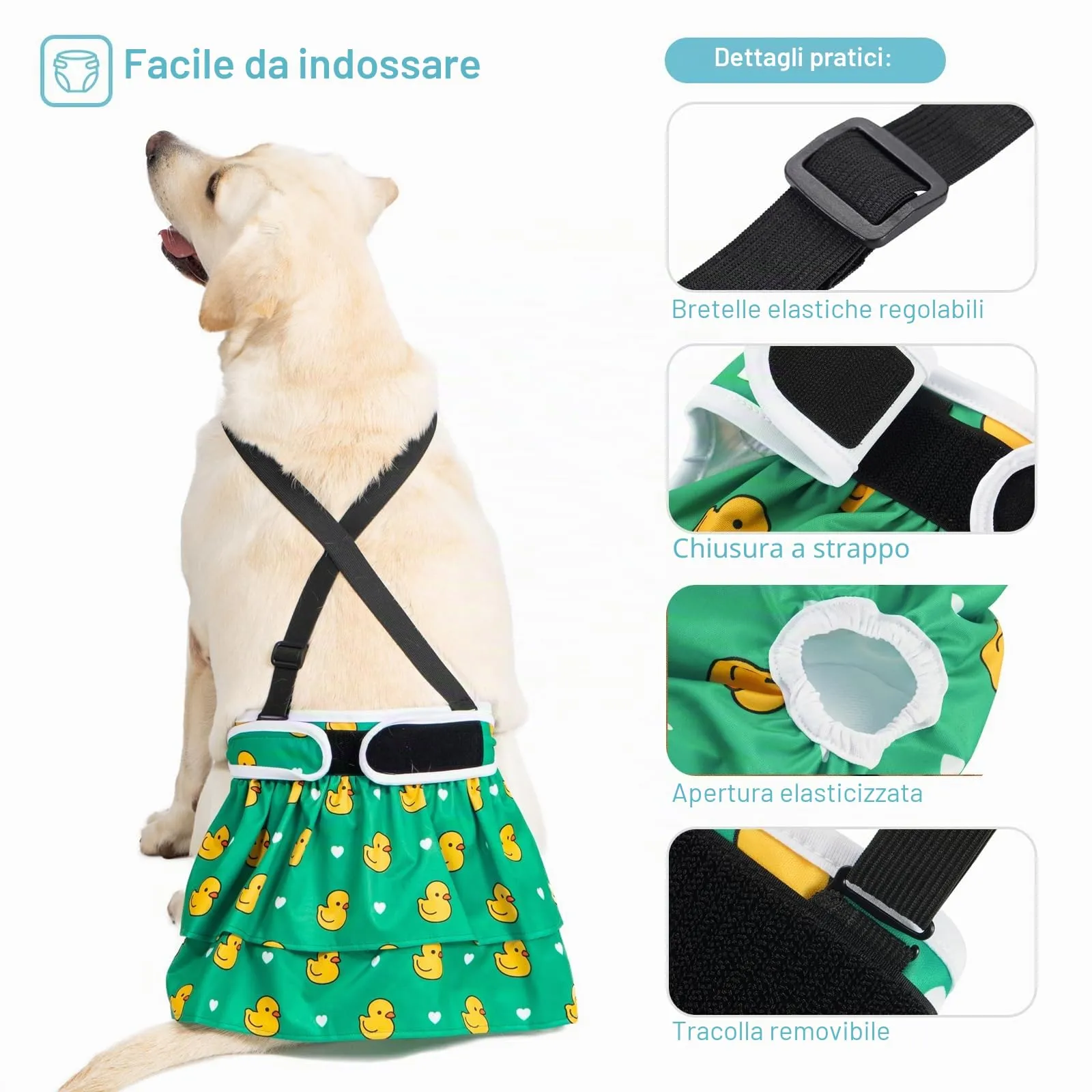 Avont 3 Pezzi Pannolini Cane Femmina Riutilizzabili con Cinghie (Pannolini che non cadere), Mutandine Cane Femmina Calore Altamente -XL Bianco/Verde/Azzurro - immagine 5