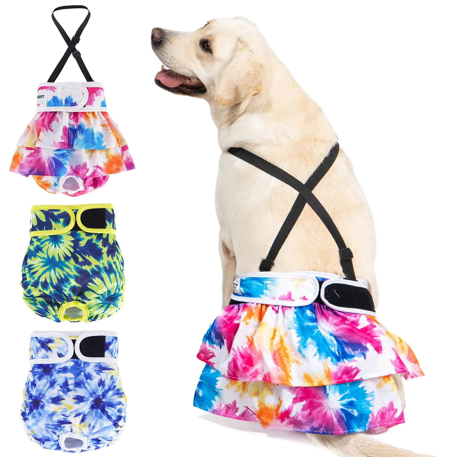 Avont 3 Pezzi Pannolini Cane Femmina Riutilizzabili con Cinghie (Pannolini che non cadere), Mutandine Cane Femmina Calore Altamente -L Rosa/Blu/Verde - immagine 1