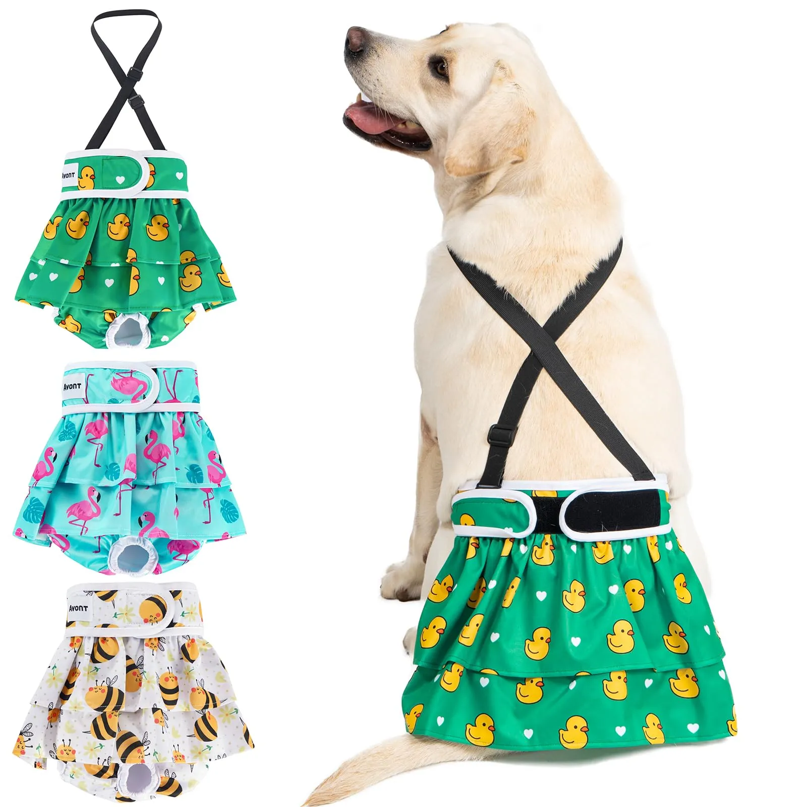 Avont 3 Pezzi Pannolini Cane Femmina Riutilizzabili con Cinghie (Pannolini che non cadere), Mutandine Cane Femmina Calore Altamente -M Bianco/Verde/Azzurro - immagine 1