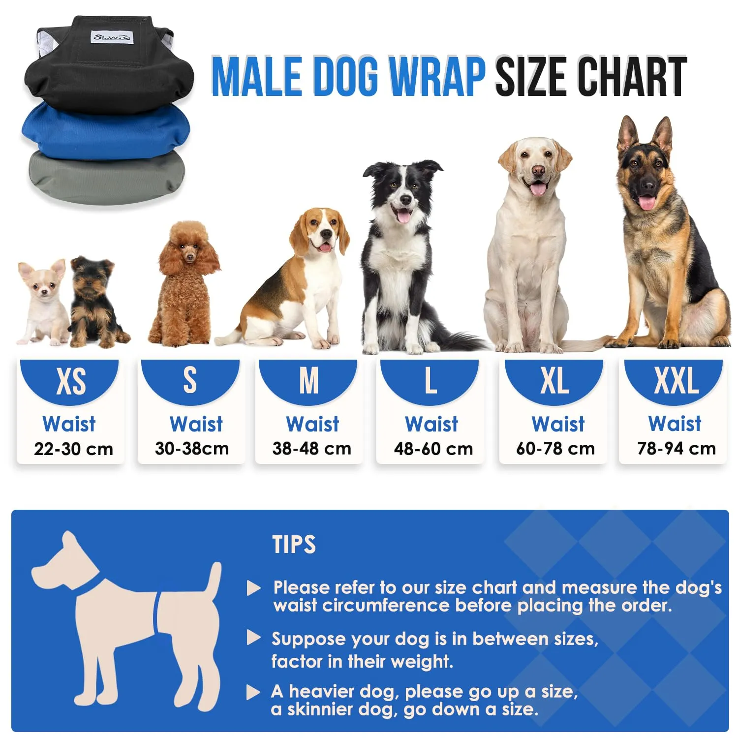 SlowTon Male Dog Diapers Wraps, Pannolini lavabili fasce per la pancia con cuscinetti aggiuntivi, Pannolini altamente assorbenti con chiusura flessibile, confezione da 5 - immagine 7