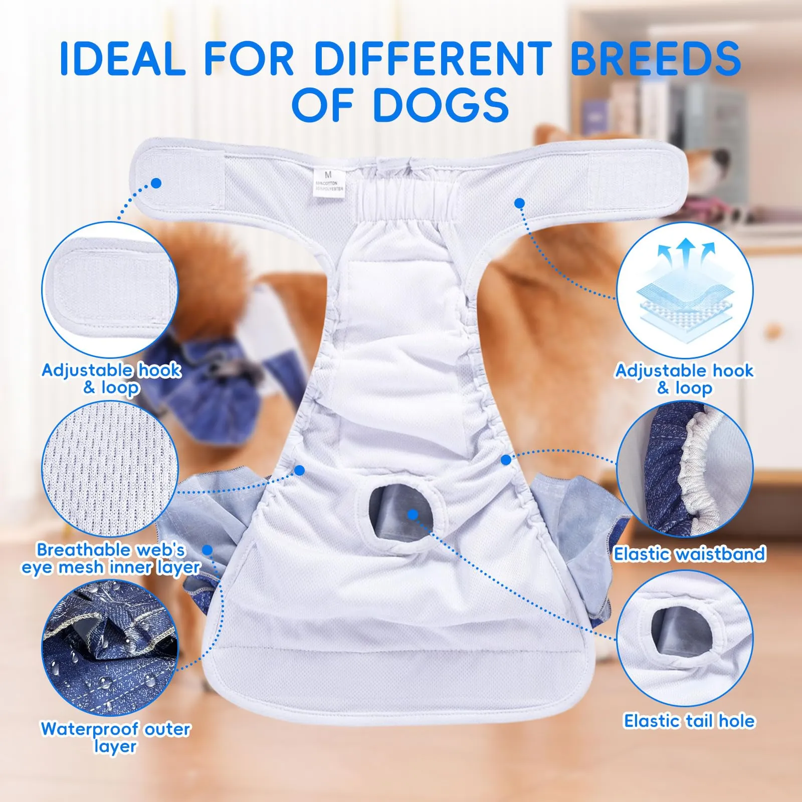 AMFUN 3 Pezzi Pannolini per Cani Cane Femmina Lavabili, Pannolini Cane Femmina Regolabile, Mutande Igieniche Animali Lavabili, Riutilizzabili, Altamente Assorbenti (M) - immagine 4