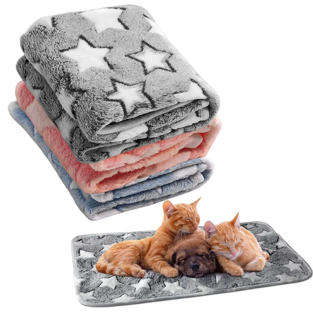 Confezione da 3 coperte lavabili per cani e gatti, morbide e resistenti, morbide e calde, in flanella, taglia M, adatte a cani di piccola e media taglia (rosa, blu e nero). - immagine 1