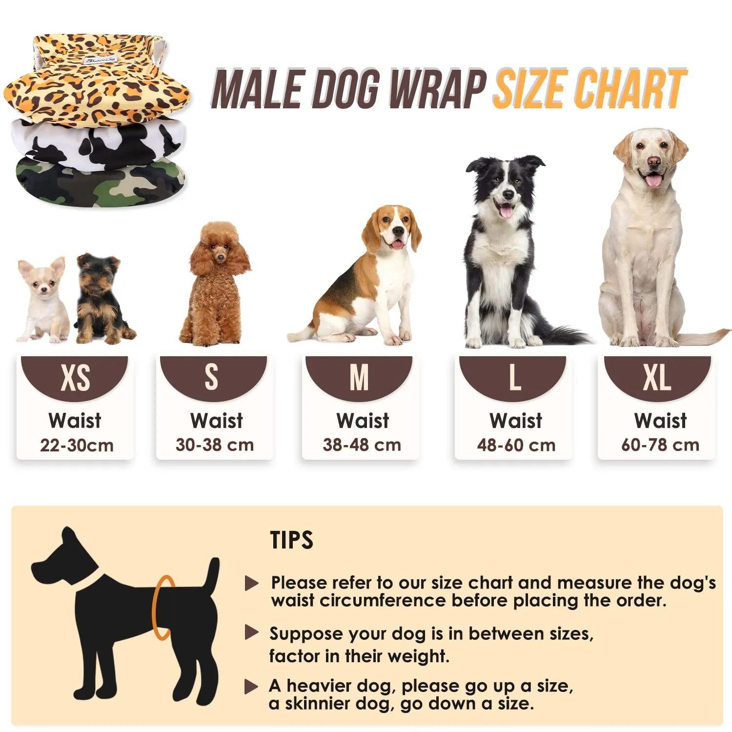 SlowTon Male Dog Diapers Wraps, Pannolini lavabili fasce per la pancia con cuscinetti aggiuntivi, Pannolini altamente assorbenti con chiusura flessibile, confezione da 5 - immagine 7