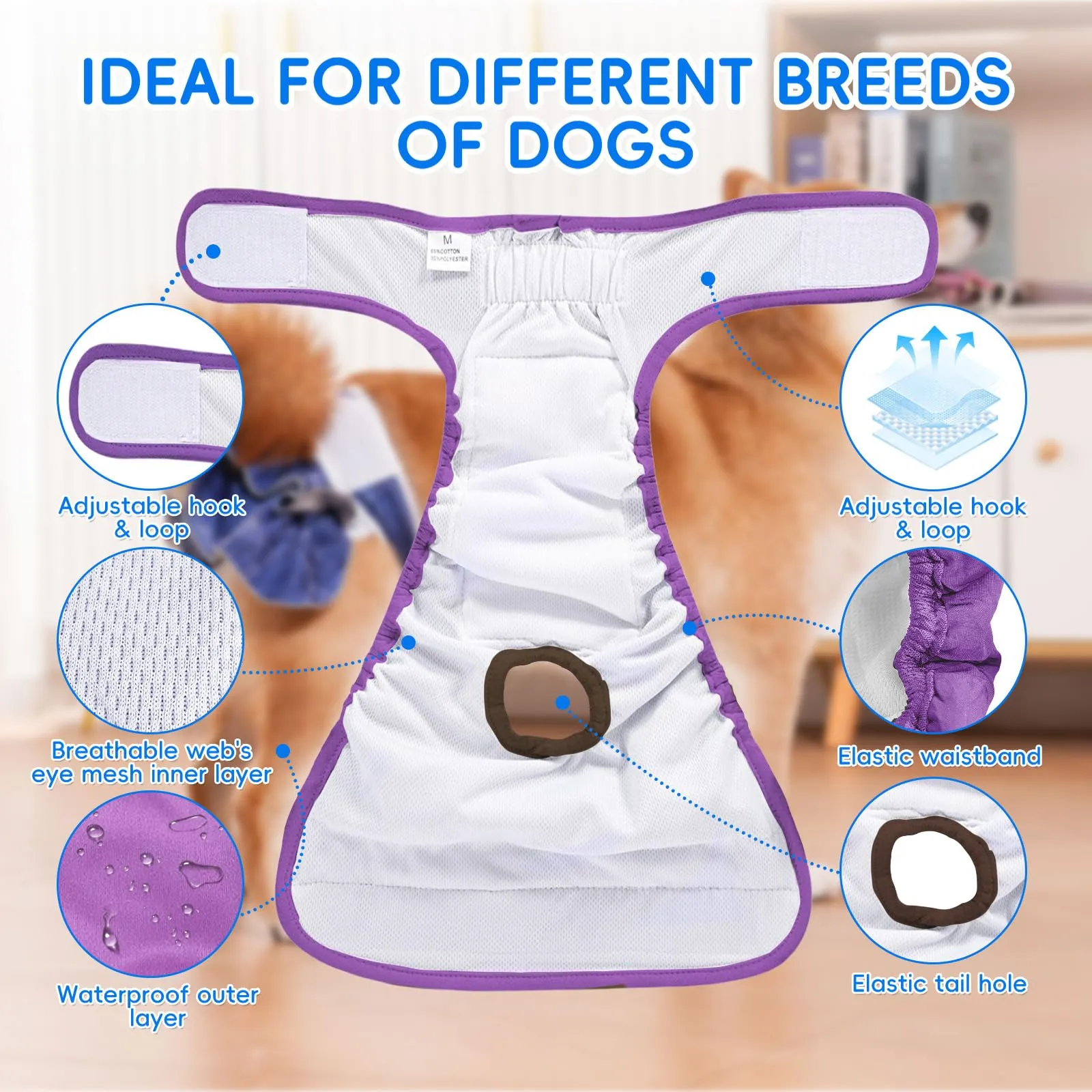 AMFUN 3 Pezzi Pannolini Cane Lavabili, Mutandina Igienica Doggy, Pannolino per cani, Mutande Igieniche Animali Lavabili, Riutilizzabili, Altamente Assorbenti (L) - immagine 6