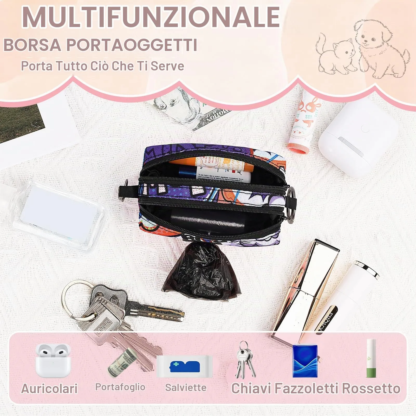 1 Pz Porta Sacchetti Cane Dispenser con 2 Scomparti con Cerniera Portasacchetti Cane per Escrementi Cani Accessori può Contenere Standard di Dispenser Cacca Sacchetti per Portare a Spasso(Blu) - immagine 5