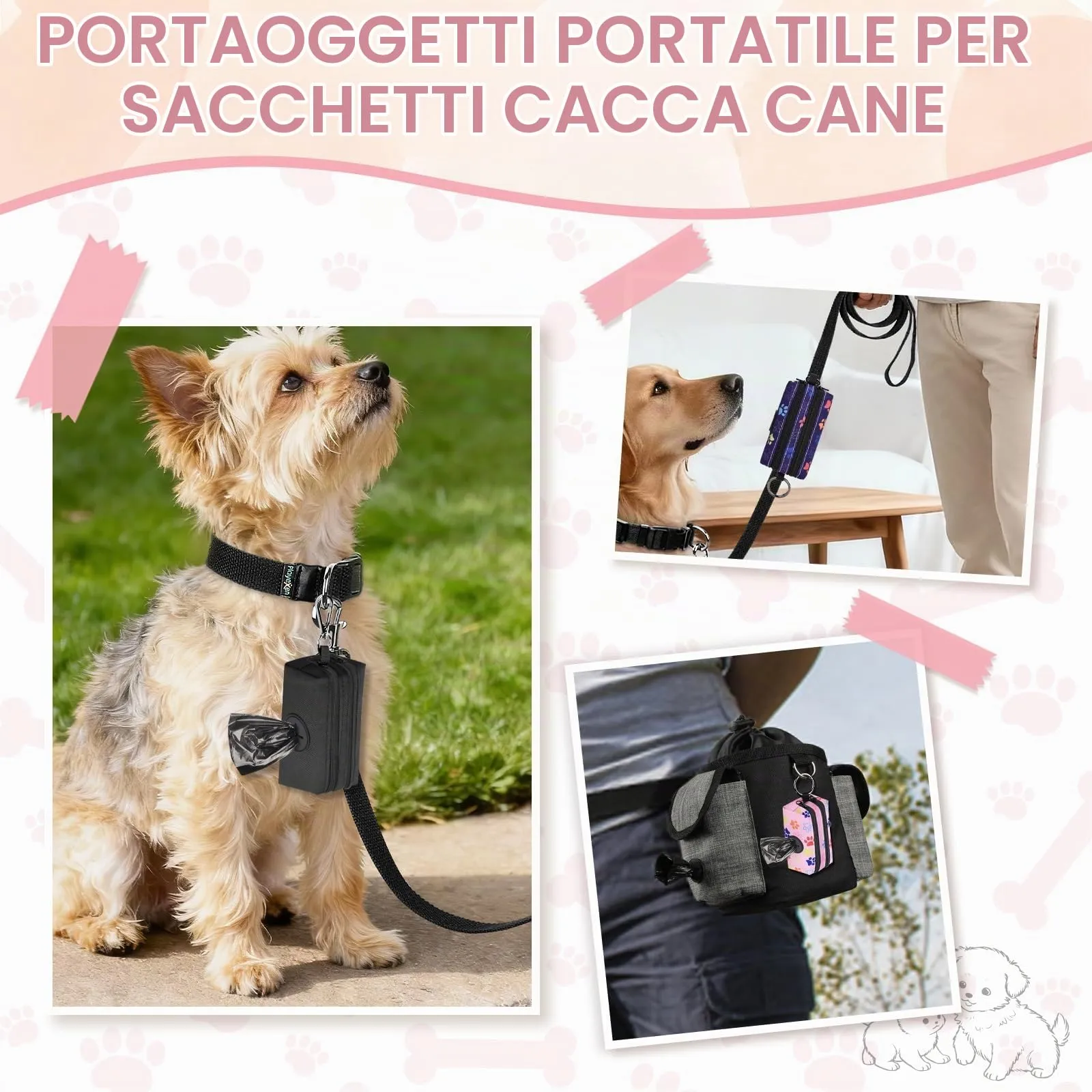 1 Pz Porta Sacchetti Cane Dispenser con 2 Scomparti con Cerniera Portasacchetti Cane per Escrementi Cani Accessori può Contenere Standard di Dispenser Cacca Sacchetti per Portare a Spasso(Rosa-Muso) - immagine 2