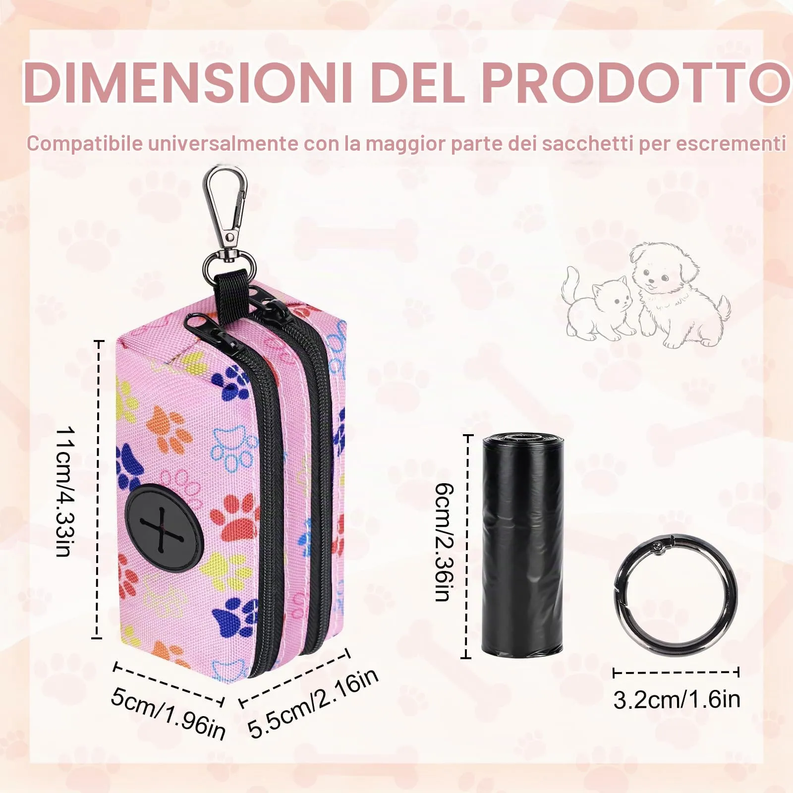 1 Pz Porta Sacchetti Cane Dispenser con 2 Scomparti con Cerniera Portasacchetti Cane per Escrementi Cani Accessori può Contenere Standard di Dispenser Cacca Sacchetti per Portare a Spasso(Rosa-Muso) - immagine 3