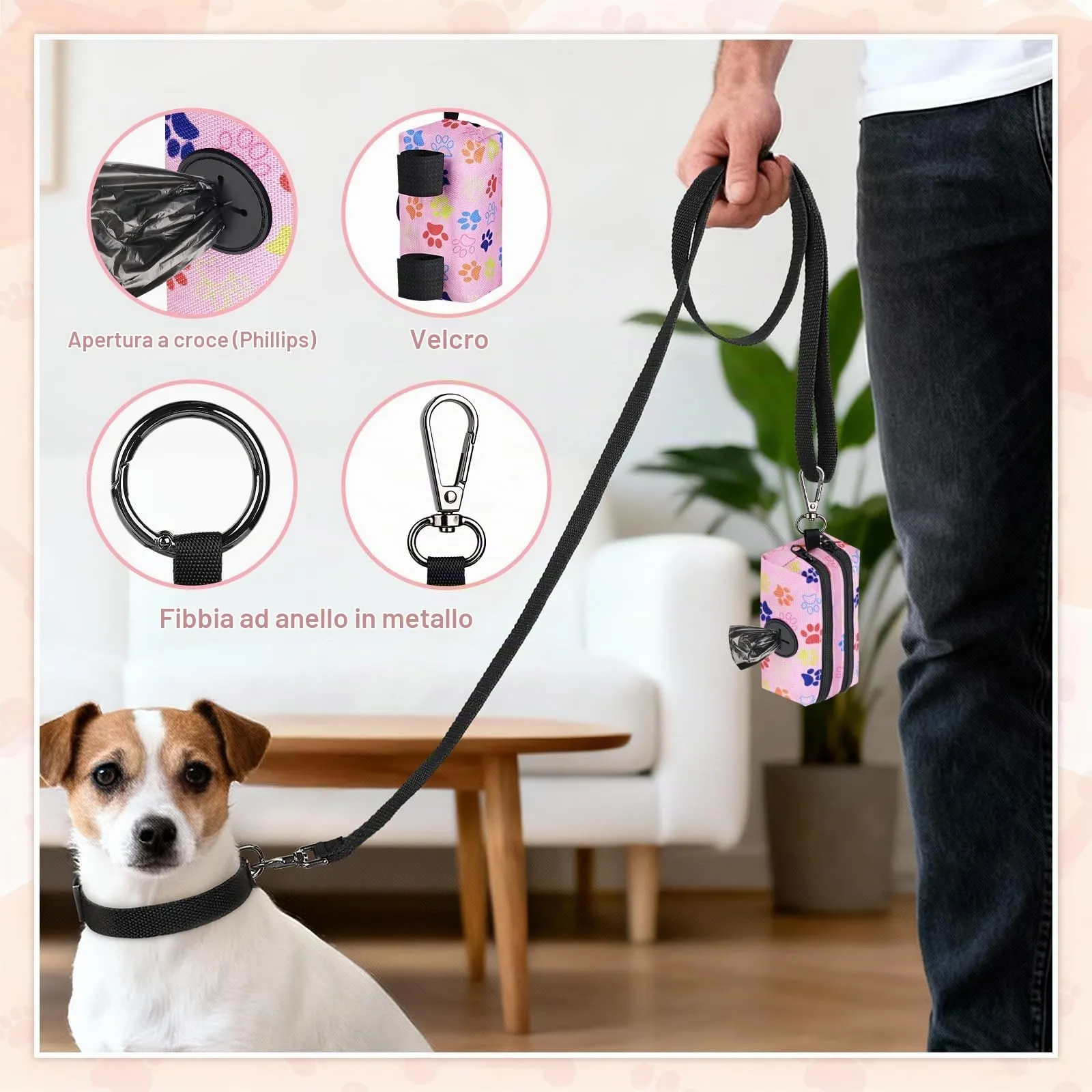 1 Pz Porta Sacchetti Cane Dispenser con 2 Scomparti con Cerniera Portasacchetti Cane per Escrementi Cani Accessori può Contenere Standard di Dispenser Cacca Sacchetti per Portare a Spasso(Rosa-Muso) - immagine 4