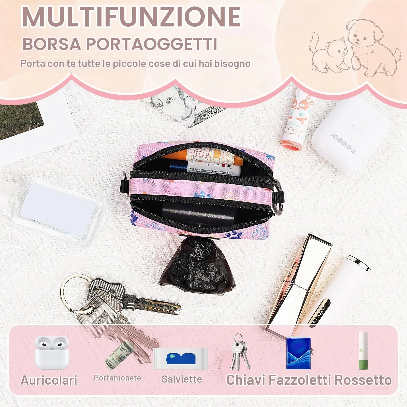 1 Pz Porta Sacchetti Cane Dispenser con 2 Scomparti con Cerniera Portasacchetti Cane per Escrementi Cani Accessori può Contenere Standard di Dispenser Cacca Sacchetti per Portare a Spasso(Rosa-Muso) - immagine 5