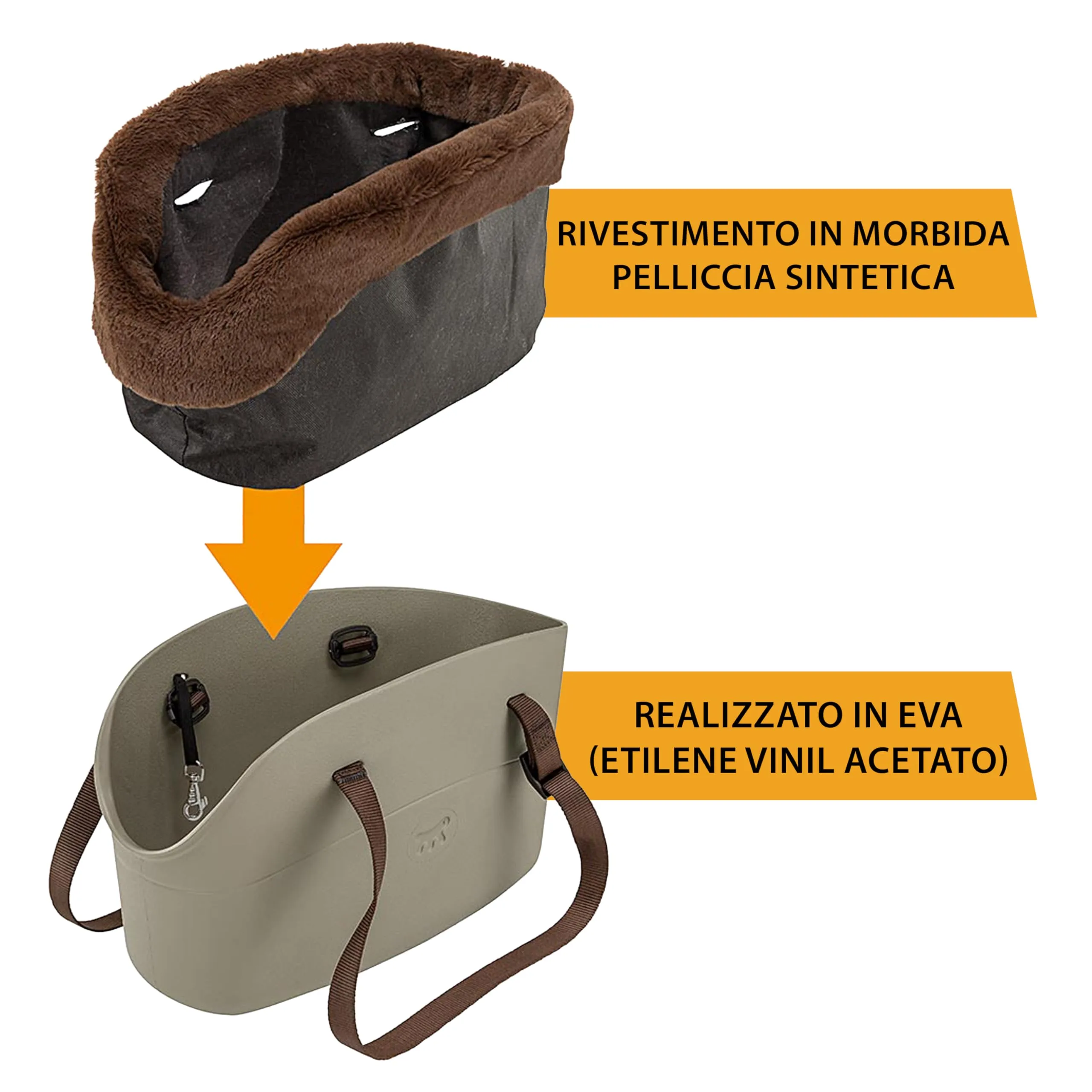 Ferplast Borsa per Cani Gatti fino a 8 Kg. Plastica Gommata Impermeabile e Lavabile, Imbottito con Caldo Peluche, Manici Regolabili, Cinghia di sicurezza, 43,5 x 21,5 x h 27 cm. Tortora - immagine 4
