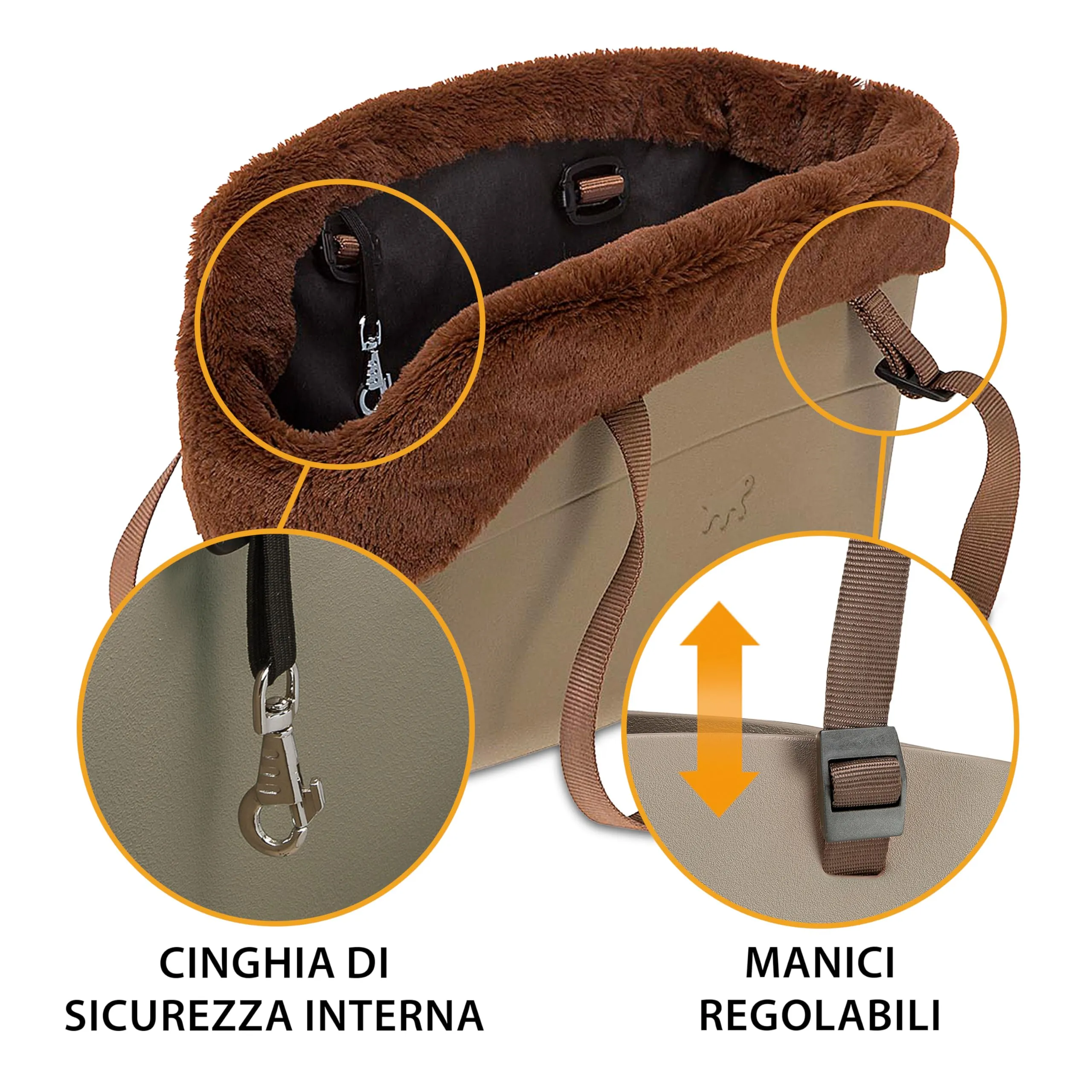 Ferplast Borsa per Cani Gatti fino a 8 Kg. Plastica Gommata Impermeabile e Lavabile, Imbottito con Caldo Peluche, Manici Regolabili, Cinghia di sicurezza, 43,5 x 21,5 x h 27 cm. Tortora - immagine 5