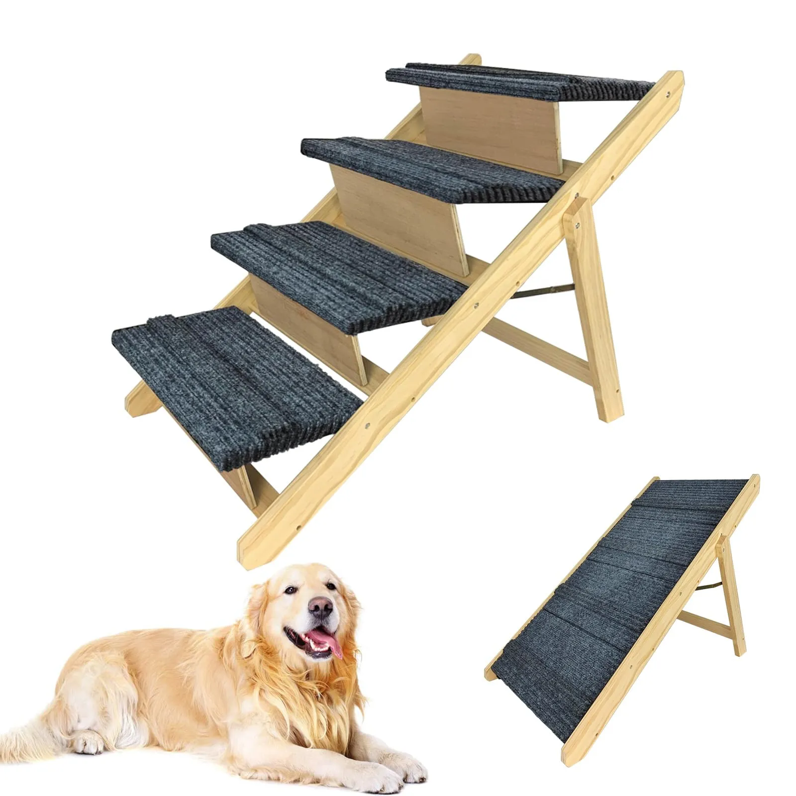 LZQ Scala per cani 2 in 1, pieghevole, per cani e gatti di piccola taglia, in legno, con tappeto antiscivolo, per letto e divano fino a 80 kg - immagine 1