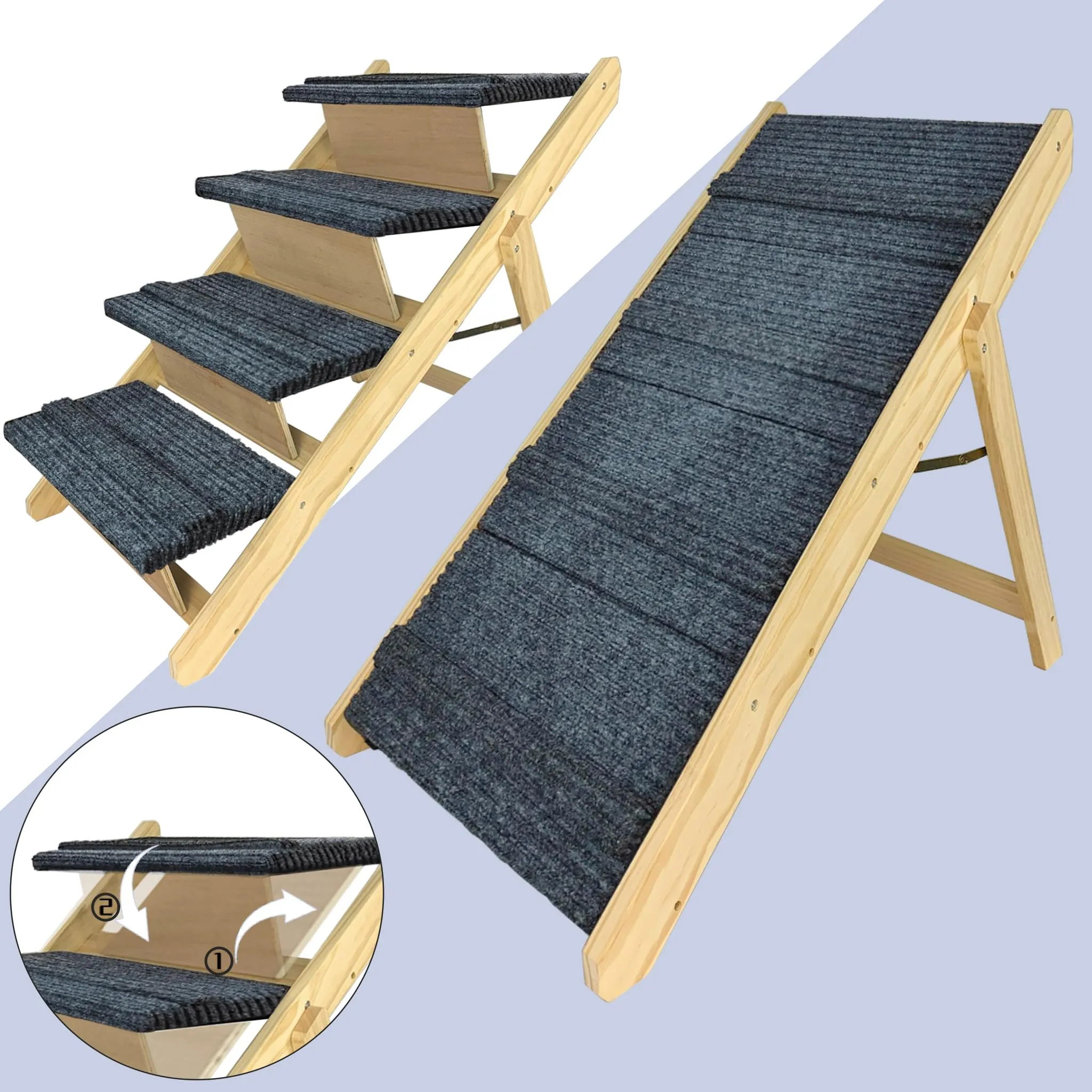 LZQ Scala per cani 2 in 1, pieghevole, per cani e gatti di piccola taglia, in legno, con tappeto antiscivolo, per letto e divano fino a 80 kg - immagine 6