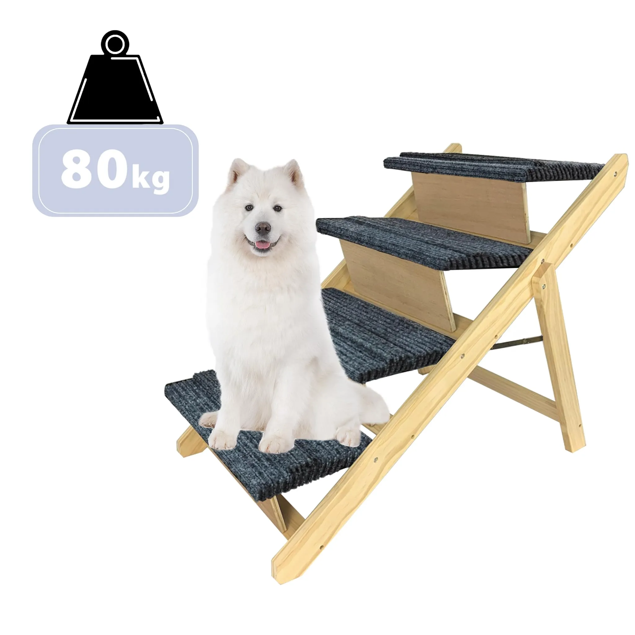 LZQ Scala per cani 2 in 1, pieghevole, per cani e gatti di piccola taglia, in legno, con tappeto antiscivolo, per letto e divano fino a 80 kg - immagine 7