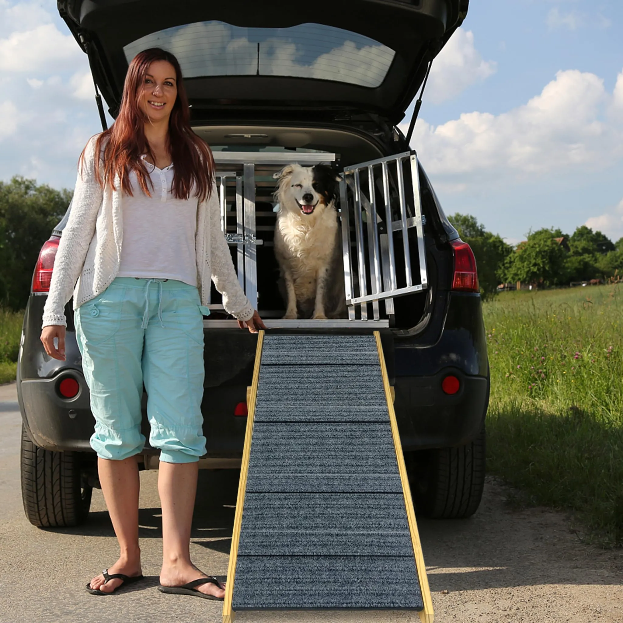LZQ Scala per cani 2 in 1, pieghevole, per cani e gatti di piccola taglia, in legno, con tappeto antiscivolo, per letto e divano fino a 80 kg - immagine 9