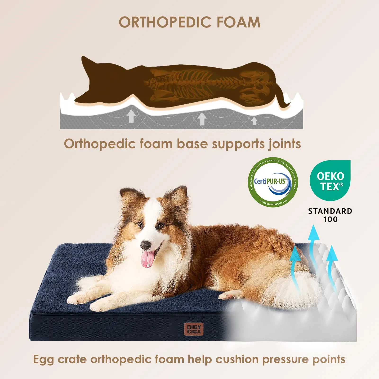EHEYCIGA Removable Washable Orthopedic Dog Bed Cushion, Navy, 89 x 58 cm - immagine 2