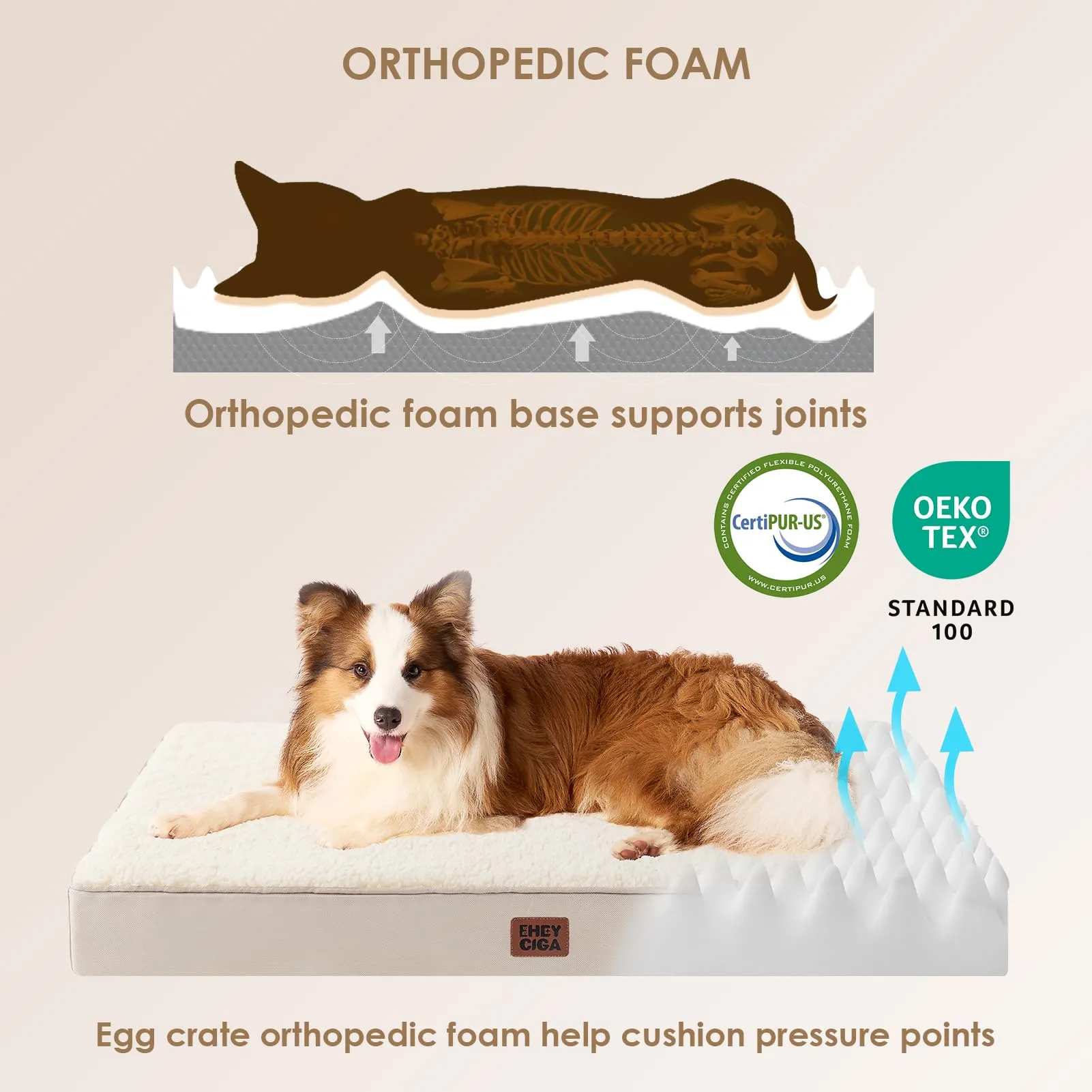 EHEYCIGA Cuccia Cane Interno Taglia Media, (89L x 58W cm) Ortopedica Cuscino per Cani, Cuscino Cane Sfoderabile e Lavabile, Ortopedico Lettino per Cani, Orthopedic Dog Bed, Cammello - immagine 2