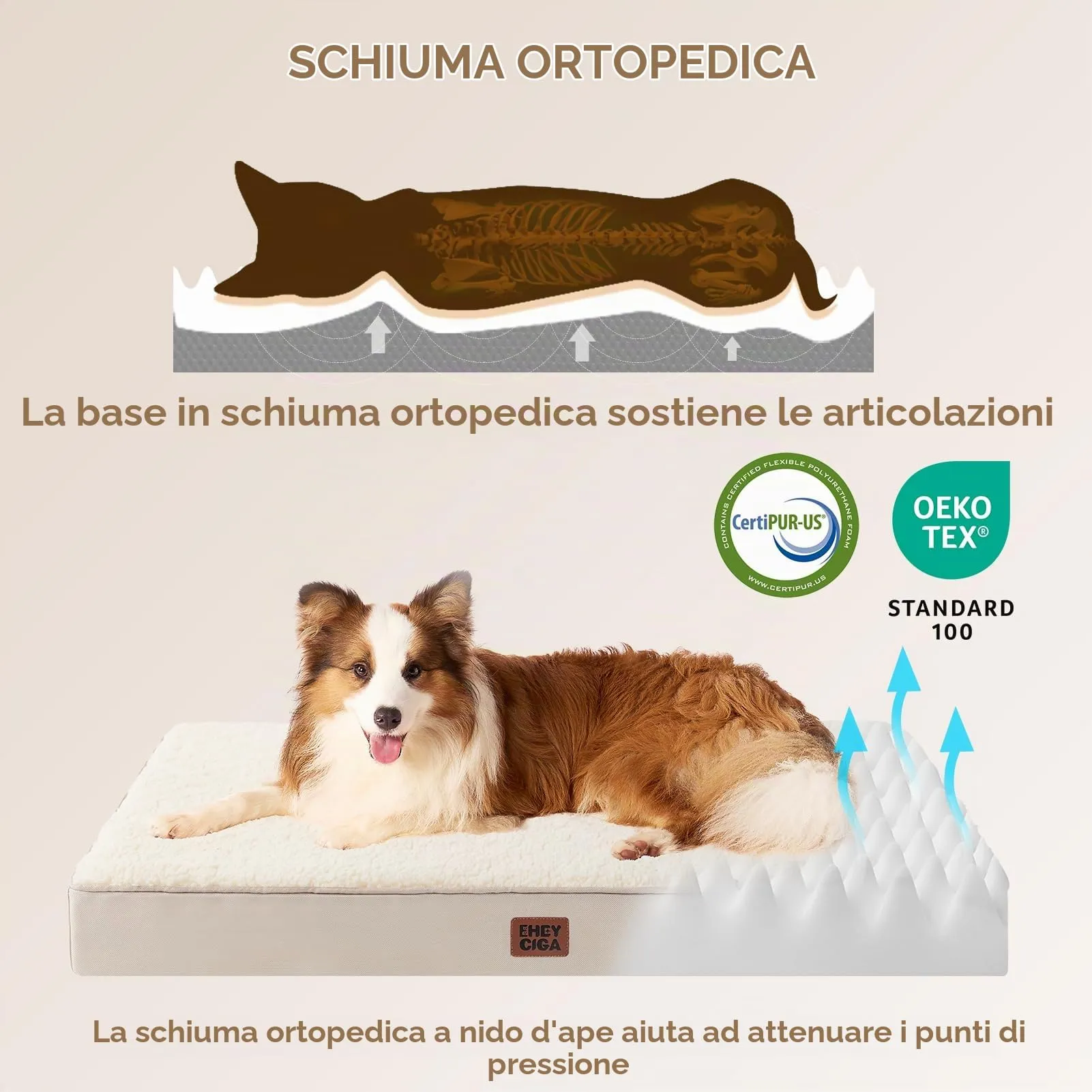 EHEYCIGA Removable Washable Orthopedic Dog Bed Cushion, Camel, 91 x 69 cm - immagine 2
