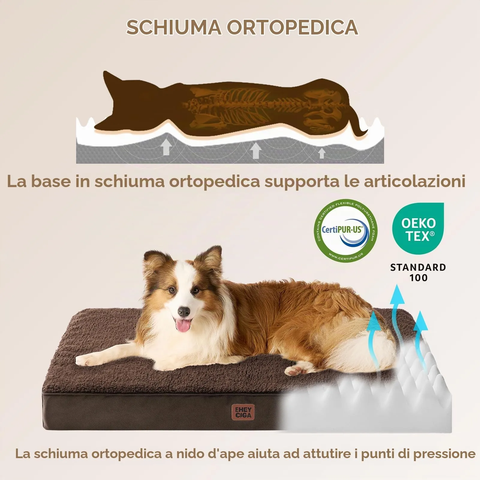 EHEYCIGA Removable Washable Orthopedic Dog Bed Cushion, Brown, 89 x 58 cm - immagine 2