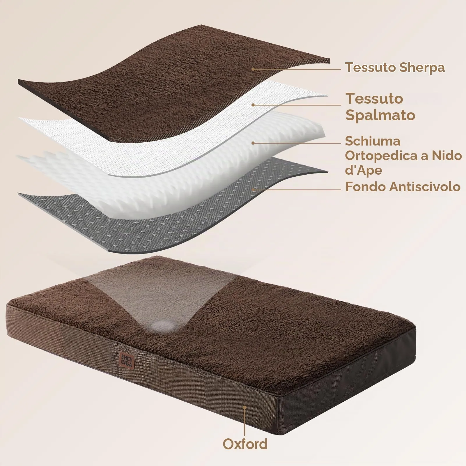 EHEYCIGA Removable Washable Orthopedic Dog Bed Cushion, Brown, 89 x 58 cm - immagine 3