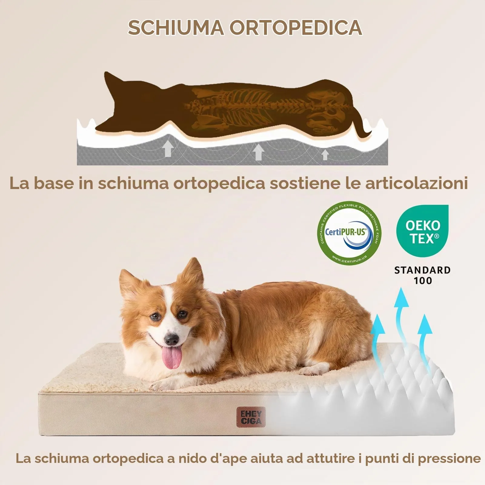 EHEYCIGA Removable Washable Orthopedic Dog Bed Cushion, Khaki, 91 x 69 cm - immagine 2