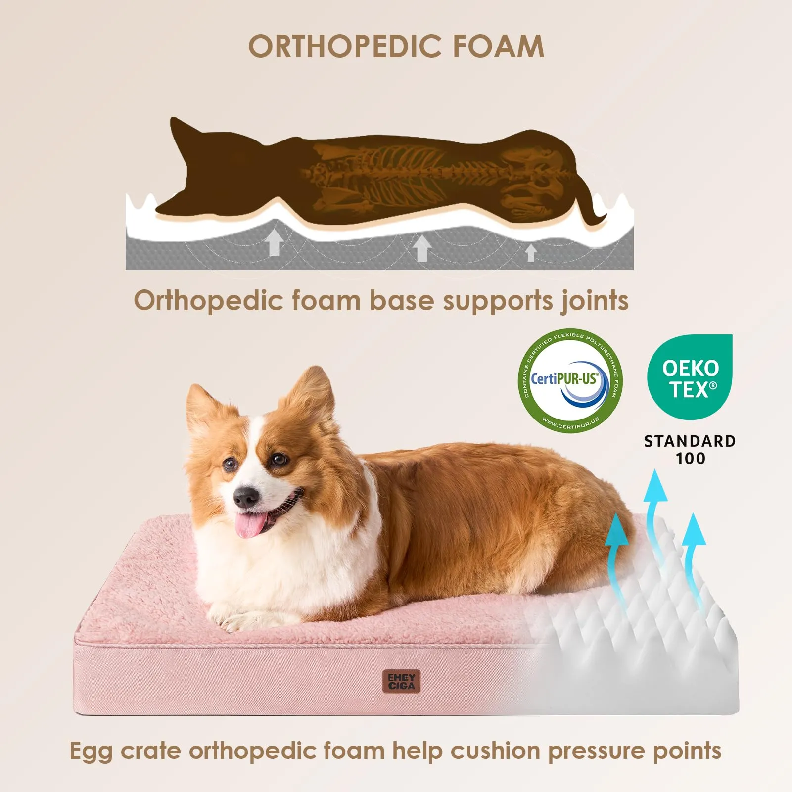 EHEYCIGA Removable Washable Orthopedic Dog Bed Cushion, Pink, 76 x 51 cm - immagine 2