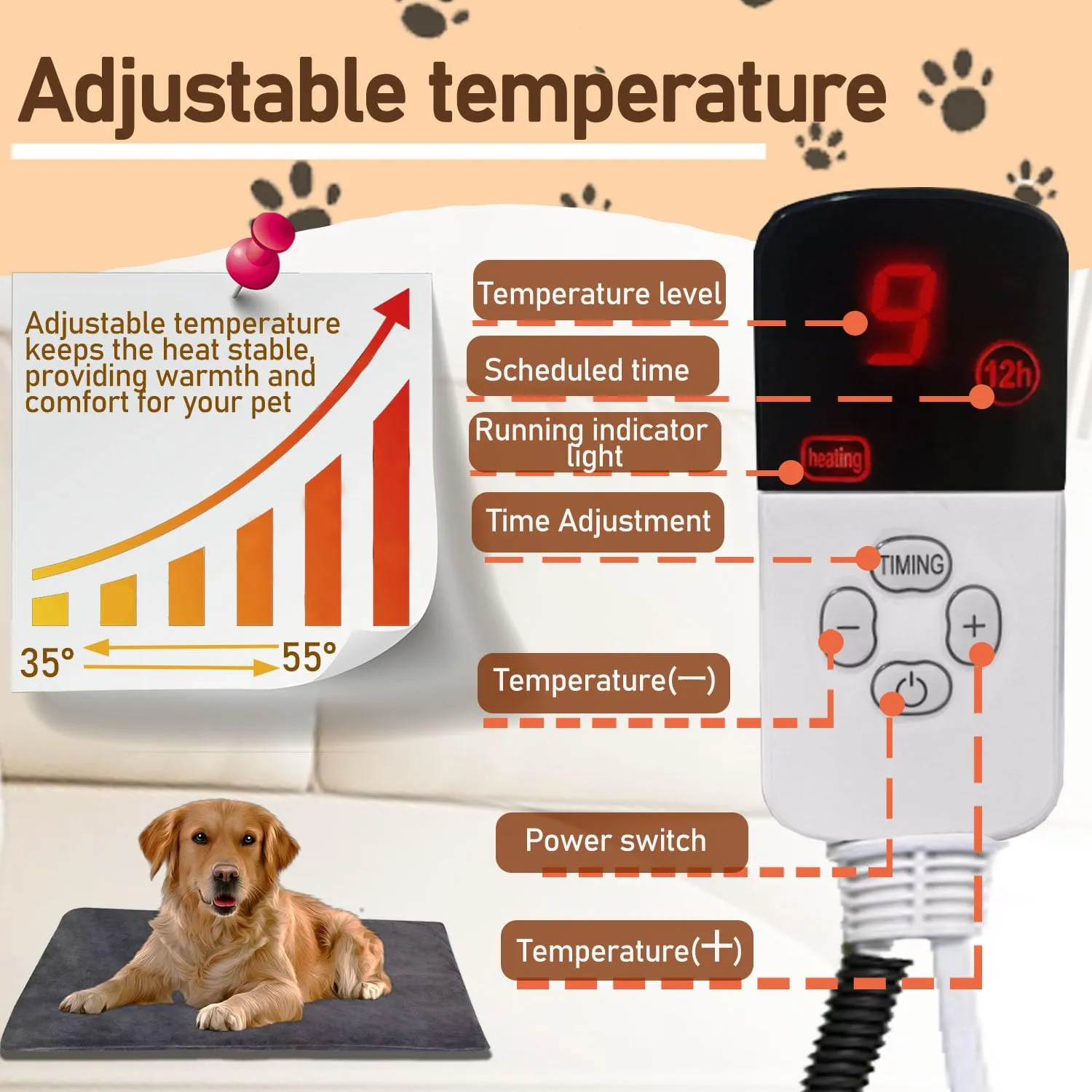 Tappeto Riscaldante per Gatti,Coperta Termica per Cani e Gatti,Coperta Riscaldante Elettrica Animale con 9 Livelli Temperatura e 12 Marce Regolabile Timer,Lavabile,Morbida Neonati/Cuccioli(M,45*45cm) - immagine 3