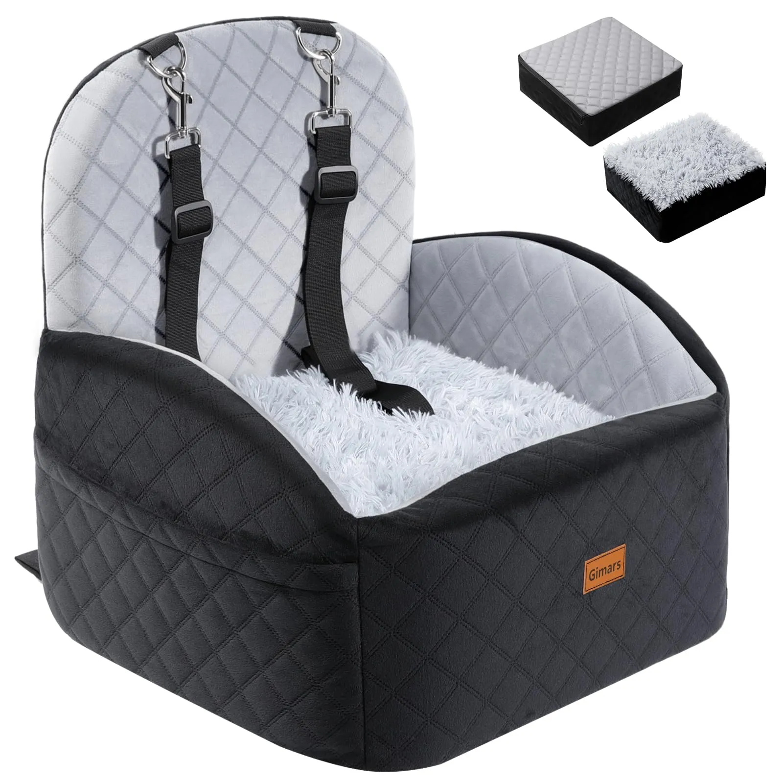 Gimars Reversibile Seggiolino Auto Per Cani conPeluche Lungo/Corto Cuscino sedile Per Cani Piccoli/Medi Fino A 16kg, Sfoderabile Lavabile Trasportino Per Cani Auto Con 15cm 28D Egg-Crate Schiuma, S - immagine 1