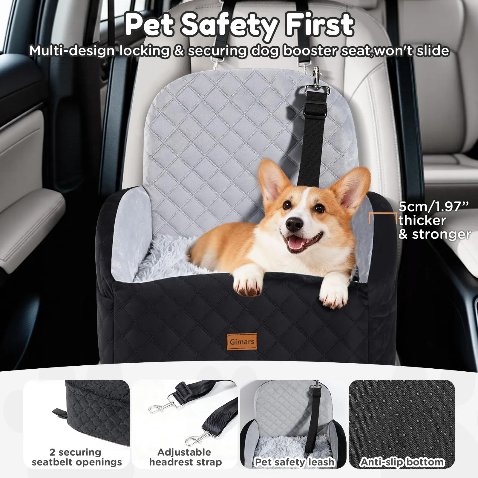 Gimars Reversibile Seggiolino Auto Per Cani conPeluche Lungo/Corto Cuscino sedile Per Cani Piccoli/Medi Fino A 16kg, Sfoderabile Lavabile Trasportino Per Cani Auto Con 15cm 28D Egg-Crate Schiuma, S - immagine 3