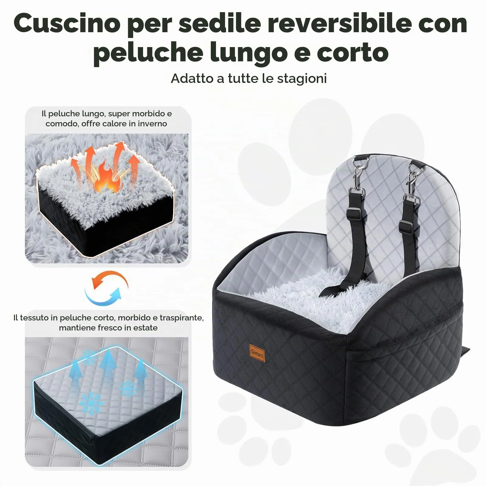 Gimars Reversibile Seggiolino Auto Per Cani conPeluche Lungo/Corto Cuscino sedile Per Cani Piccoli/Medi Fino A 16kg, Sfoderabile Lavabile Trasportino Per Cani Auto Con 15cm 28D Egg-Crate Schiuma, S - immagine 4