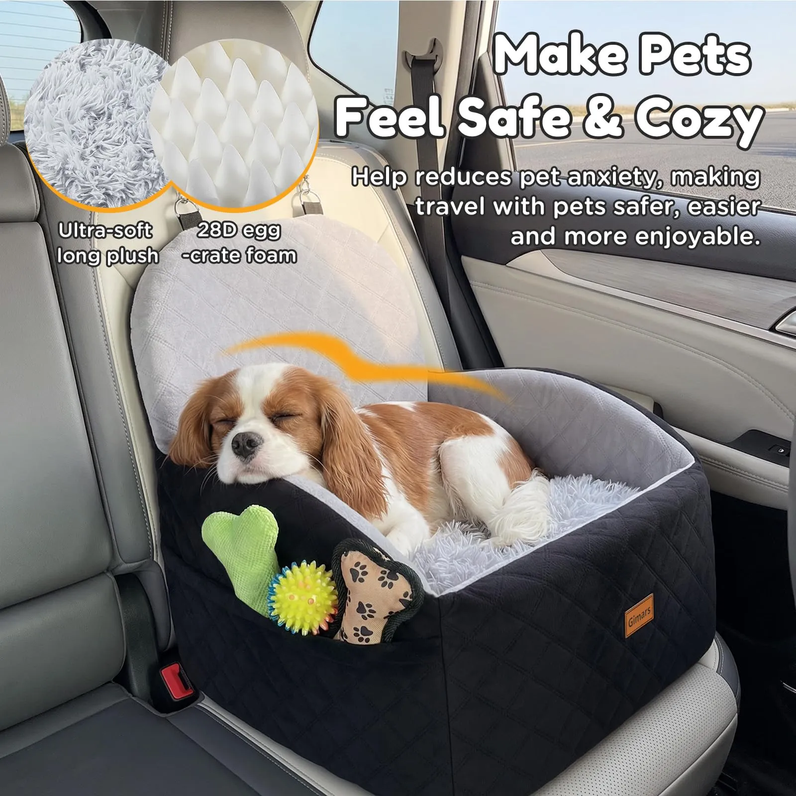 Gimars Reversibile Seggiolino Auto Per Cani conPeluche Lungo/Corto Cuscino sedile Per Cani Piccoli/Medi Fino A 16kg, Sfoderabile Lavabile Trasportino Per Cani Auto Con 15cm 28D Egg-Crate Schiuma, S - immagine 6
