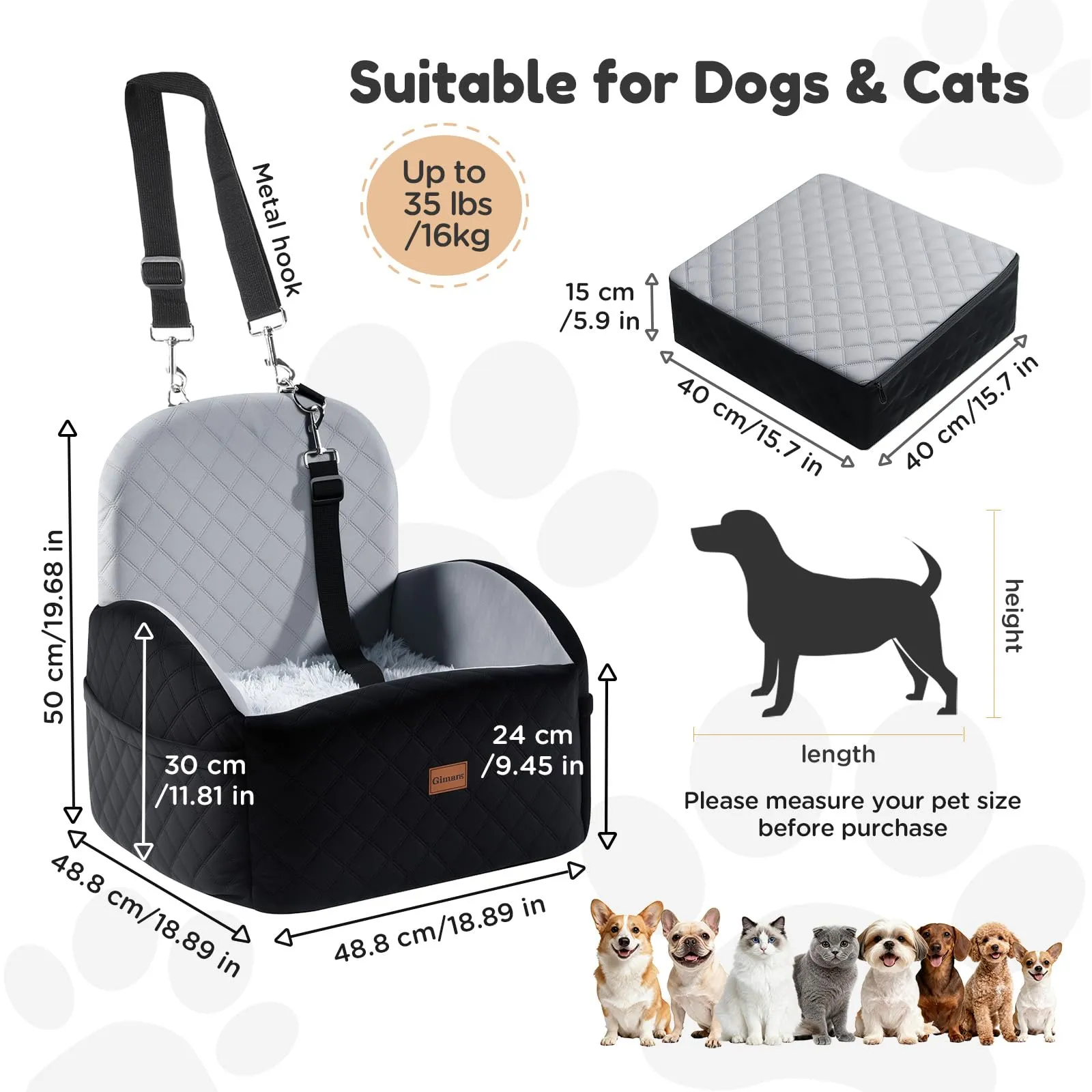Gimars Reversibile Seggiolino Auto Per Cani conPeluche Lungo/Corto Cuscino sedile Per Cani Piccoli/Medi Fino A 16kg, Sfoderabile Lavabile Trasportino Per Cani Auto Con 15cm 28D Egg-Crate Schiuma, S - immagine 8