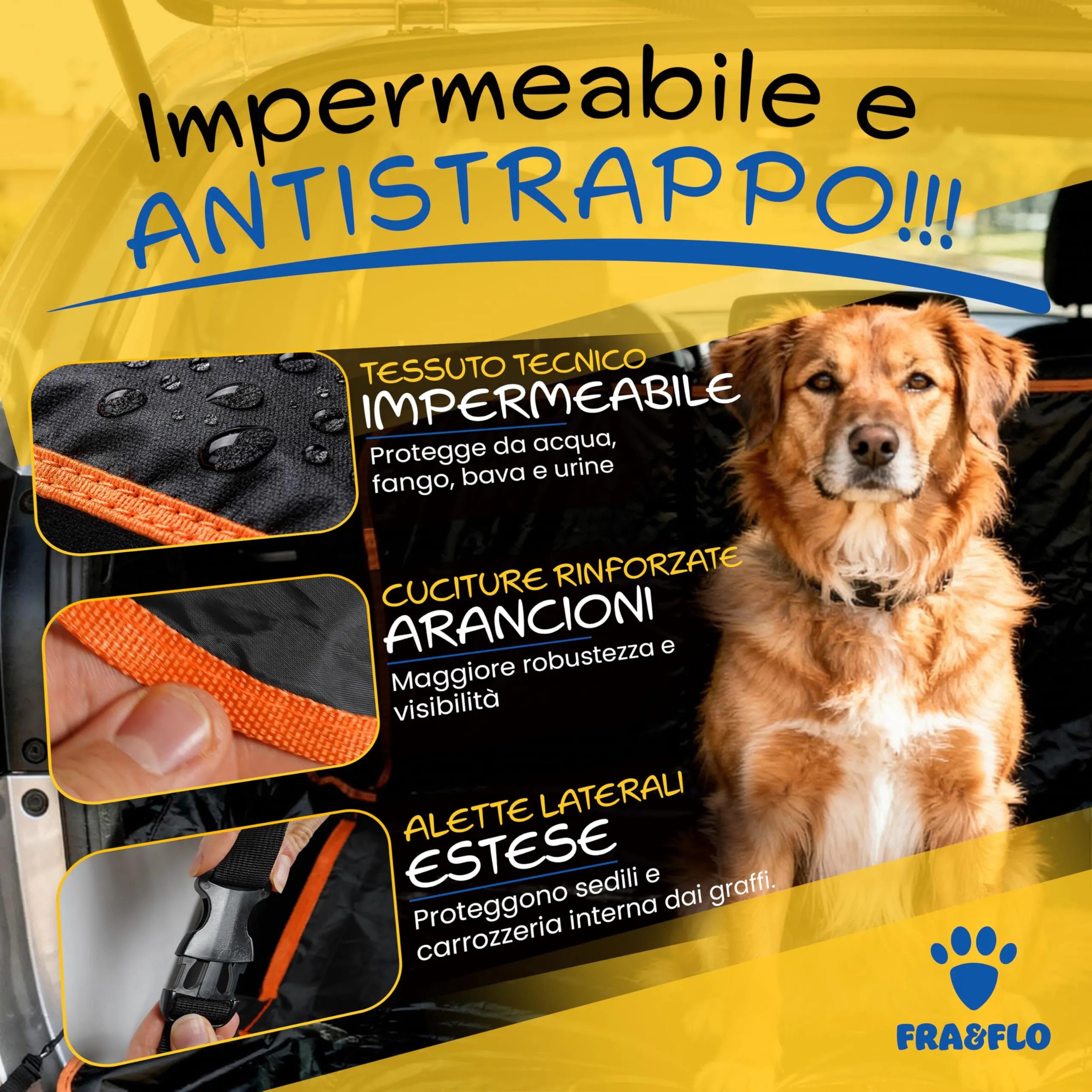FRA&FLO Coprisedile Auto per Cani Impermeabile 180×103 cm, Telo Sedili Posteriori e Baule ad Amaca Antiscivolo e Antigraffio, Protezione Universale, Facile da Installare e Lavabile - immagine 3