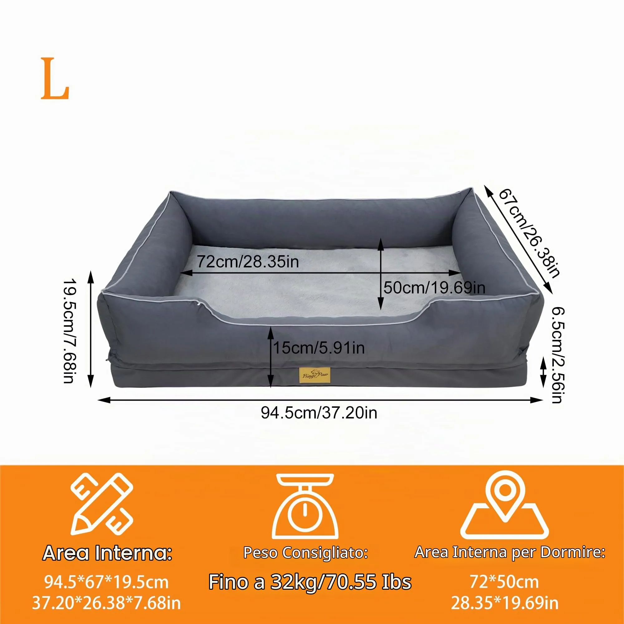 Cuccia per Cani Interno Taglia Media 94,5x67x19,5cm Ortopedico Sfoderabile - immagine 2