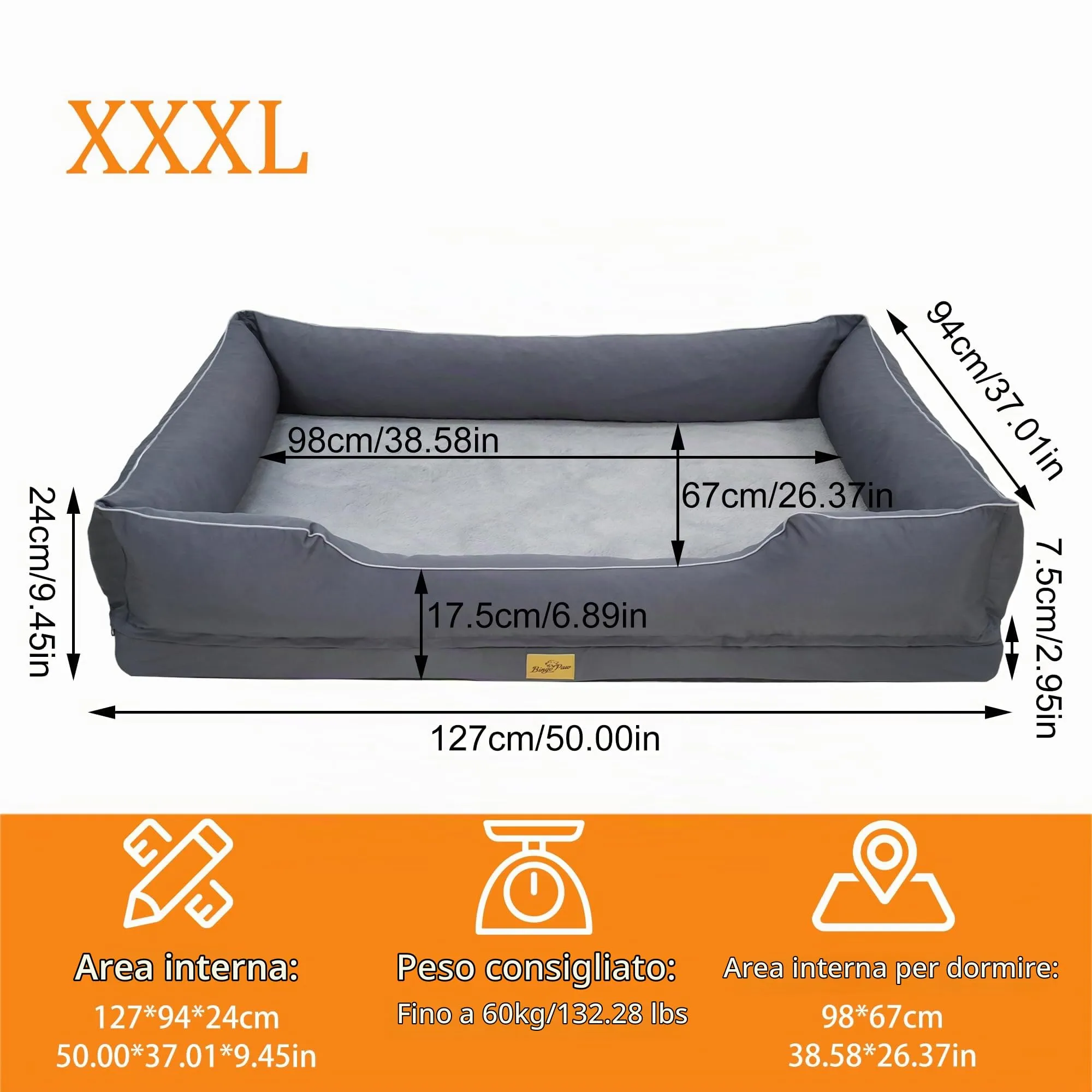 Cuccia per Cani Interno Taglia Grande 127x94x24cm Ortopedico Sfoderabile - immagine 2