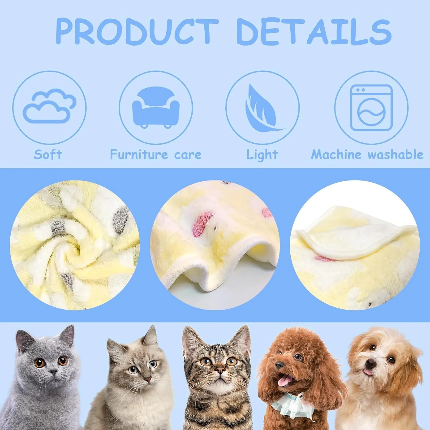 CIYIN 3 Pezzi Coperta Cane, Copertina per Animali,Copertina Cane Lavabile,Animali Domestici Coper tina Gatto,Coper tina per Cani Gatti Piccola e Media Taglia (Blu, giallo, rosa, 76x52cm) - immagine 3